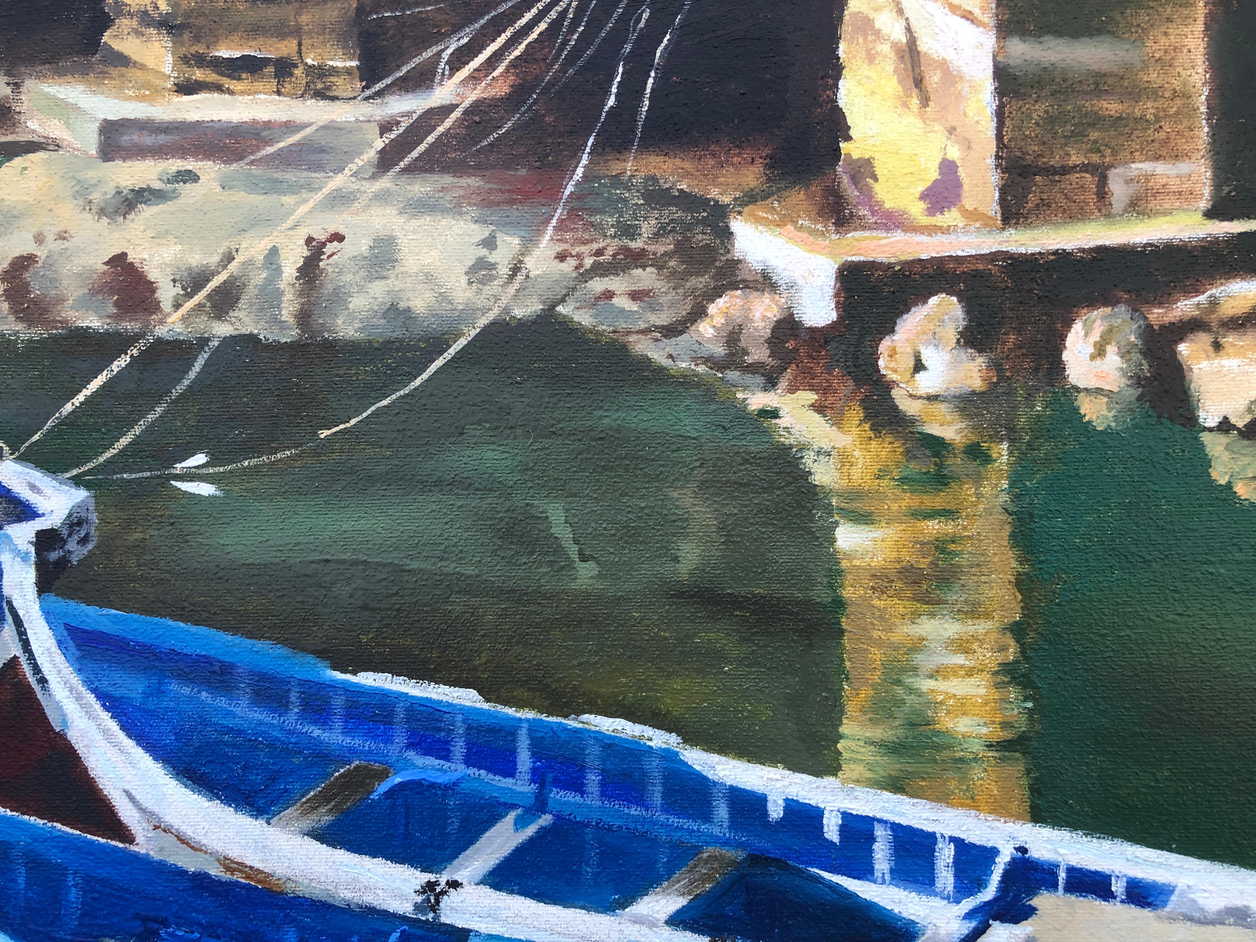 Port de pêche Essaouira Maroc huile sur toile peinture paysage marin quai bateaux - Noir Landscape Painting par Unknown