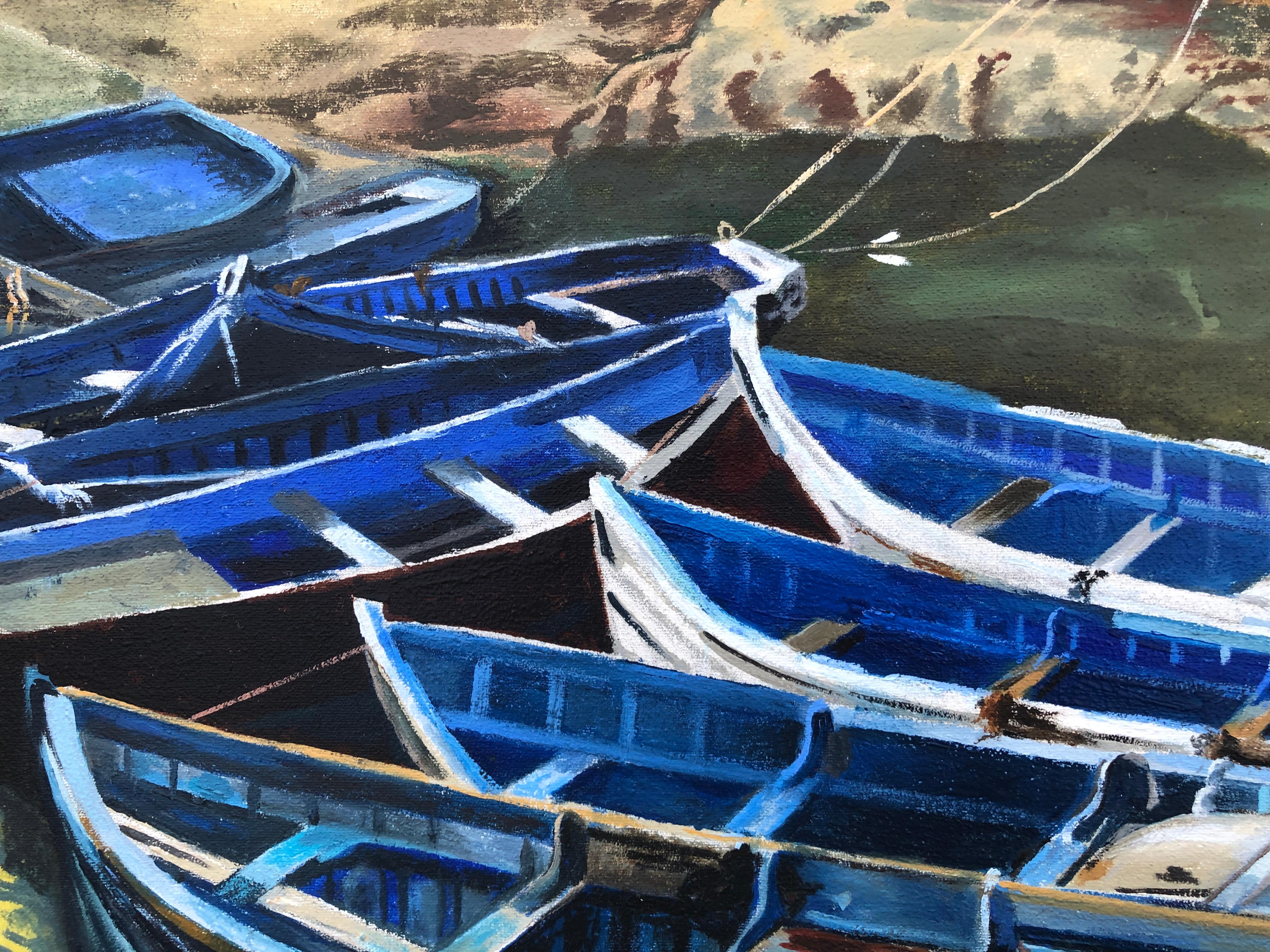 Port de pêche Essaouira Maroc huile sur toile peinture paysage marin quai bateaux en vente 1