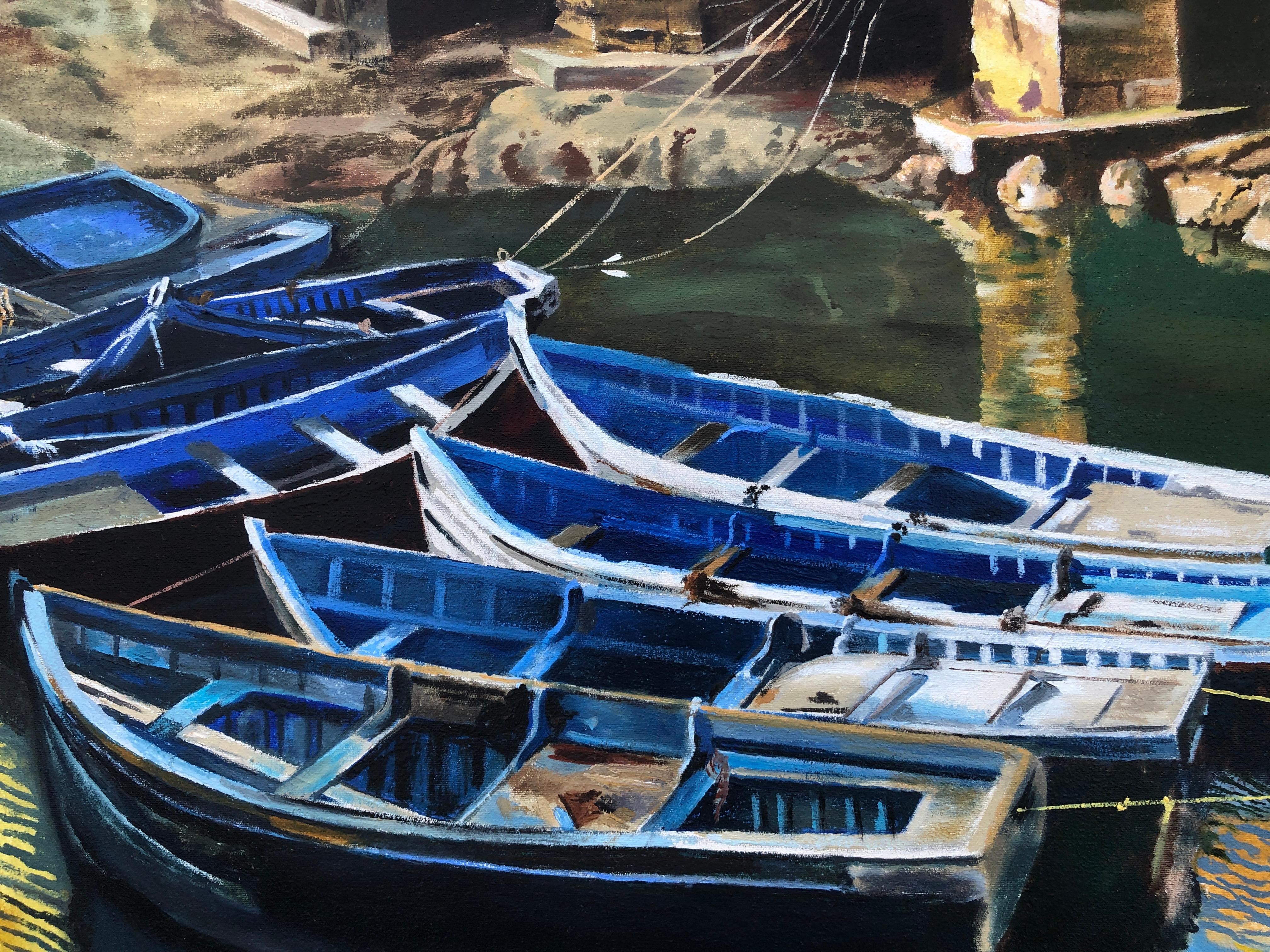 Port de pêche Essaouira Maroc huile sur toile peinture paysage marin quai bateaux en vente 2