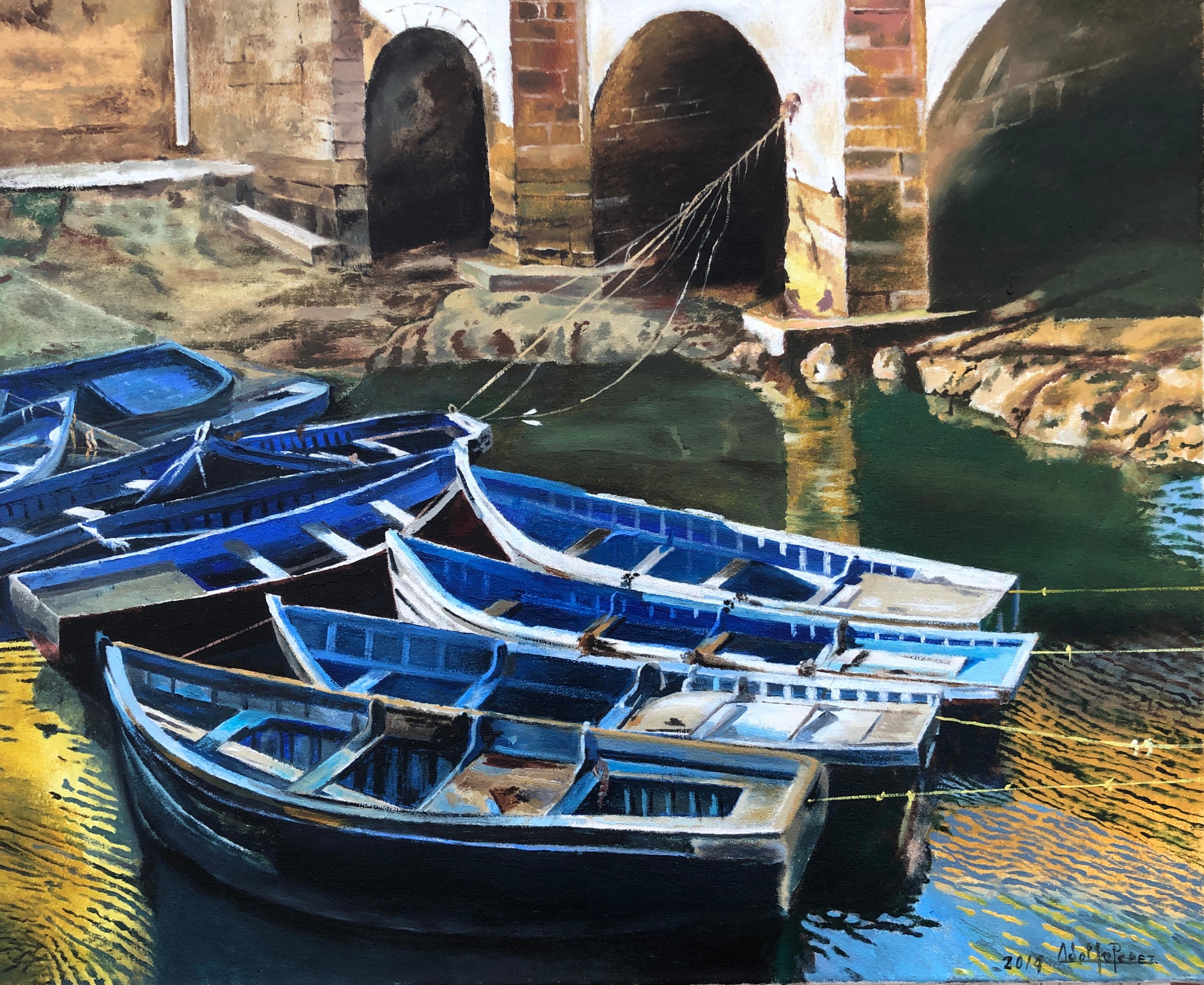 Landscape Painting Unknown - Port de pêche Essaouira Maroc huile sur toile peinture paysage marin quai bateaux