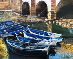 Fishing port Essaouira Morocco oil on canvas painting seascape pier boats