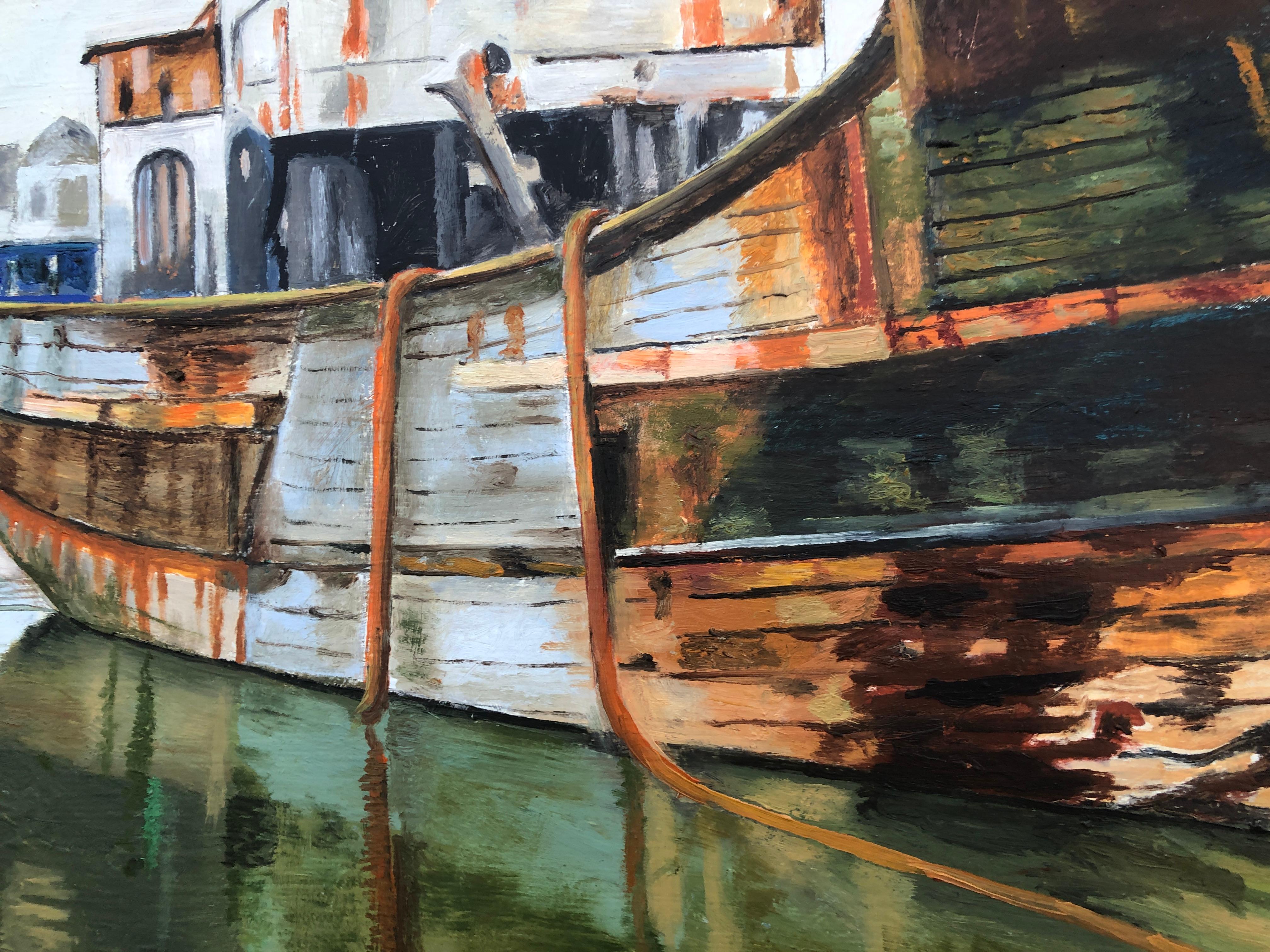 Port de pêche France huile sur toile peinture paysage marin bateaux - Photoréalisme Painting par Unknown