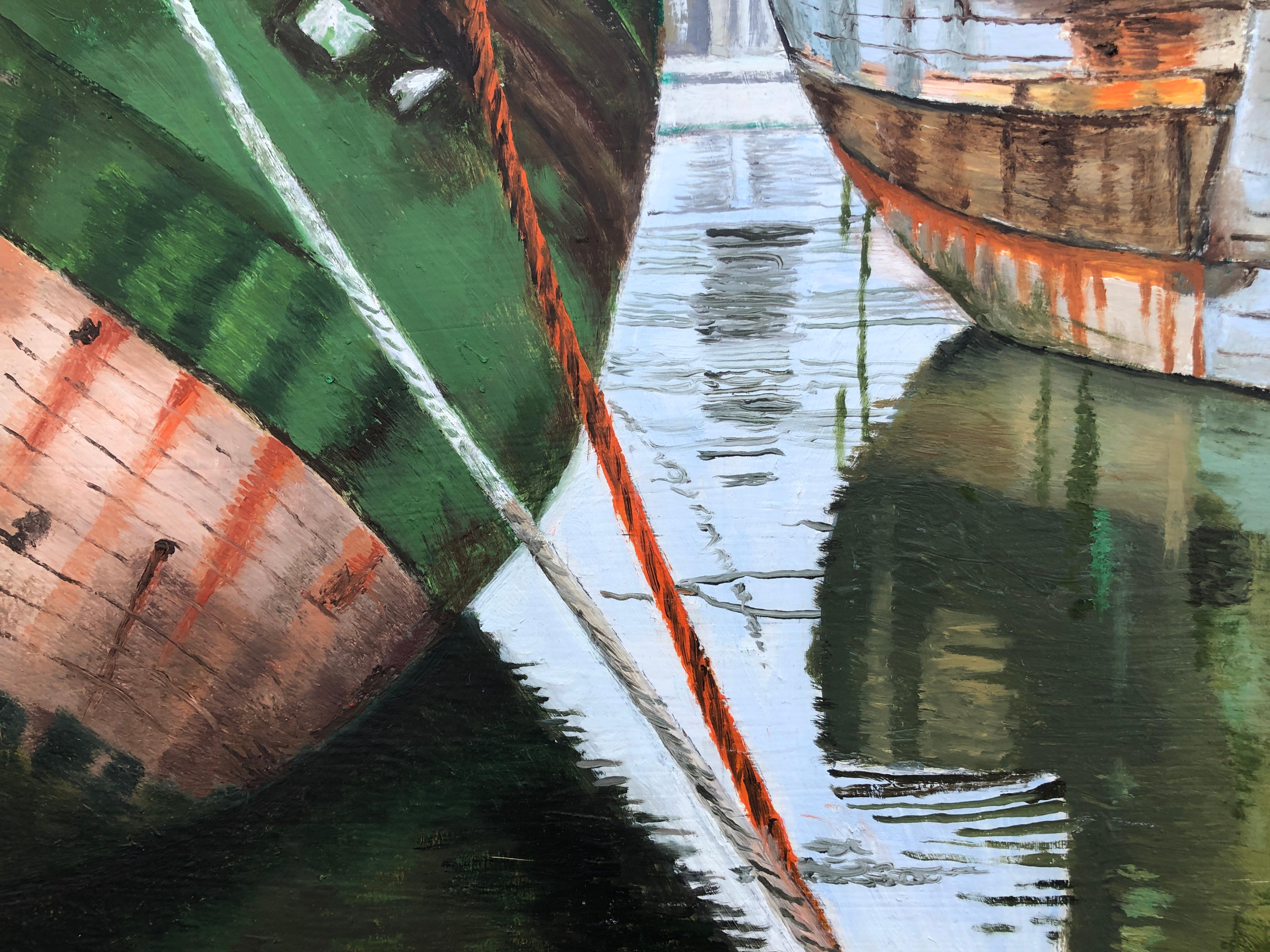 Port de pêche France huile sur toile peinture paysage marin bateaux en vente 1