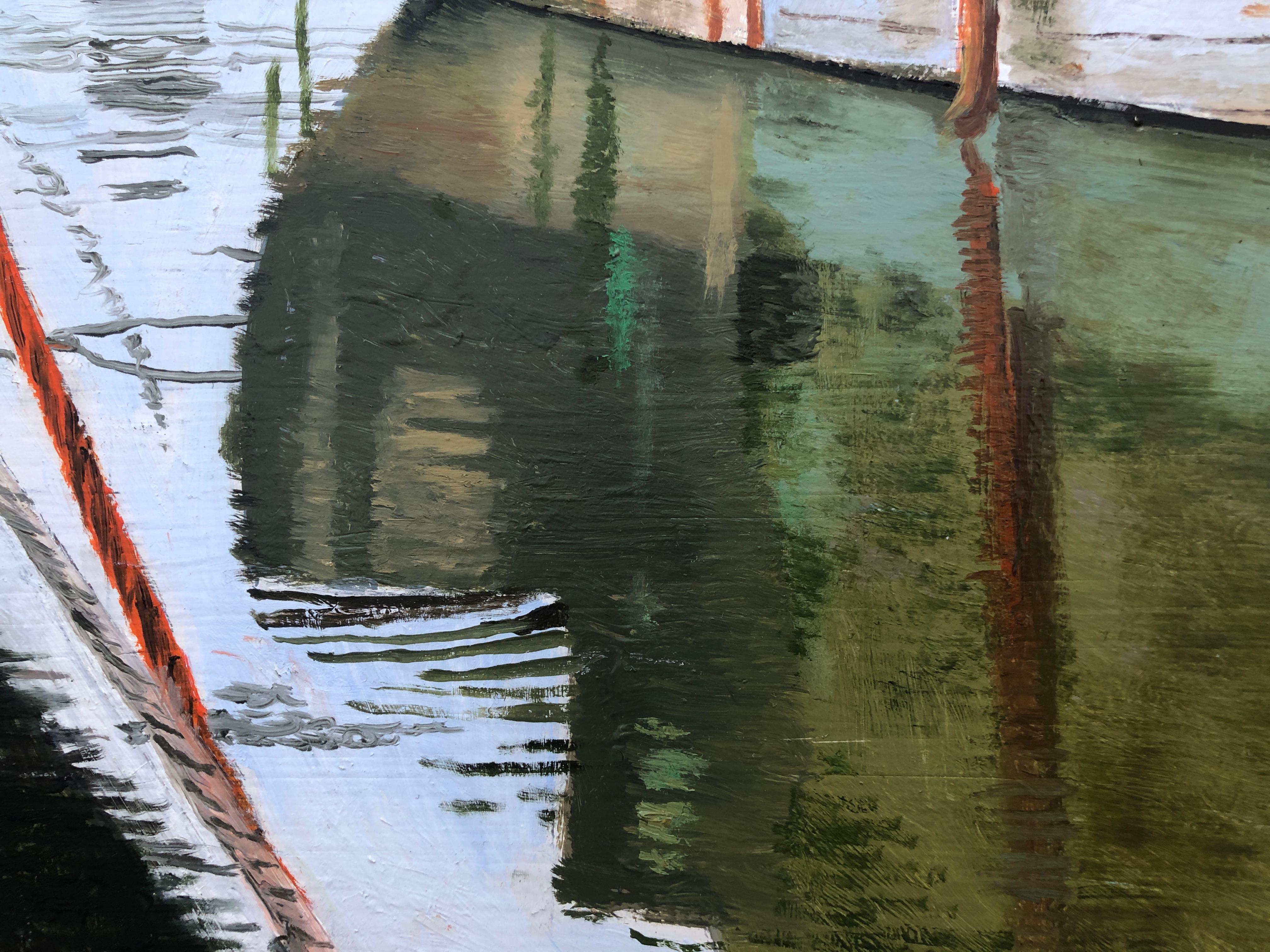 Port de pêche France huile sur toile peinture paysage marin bateaux en vente 2
