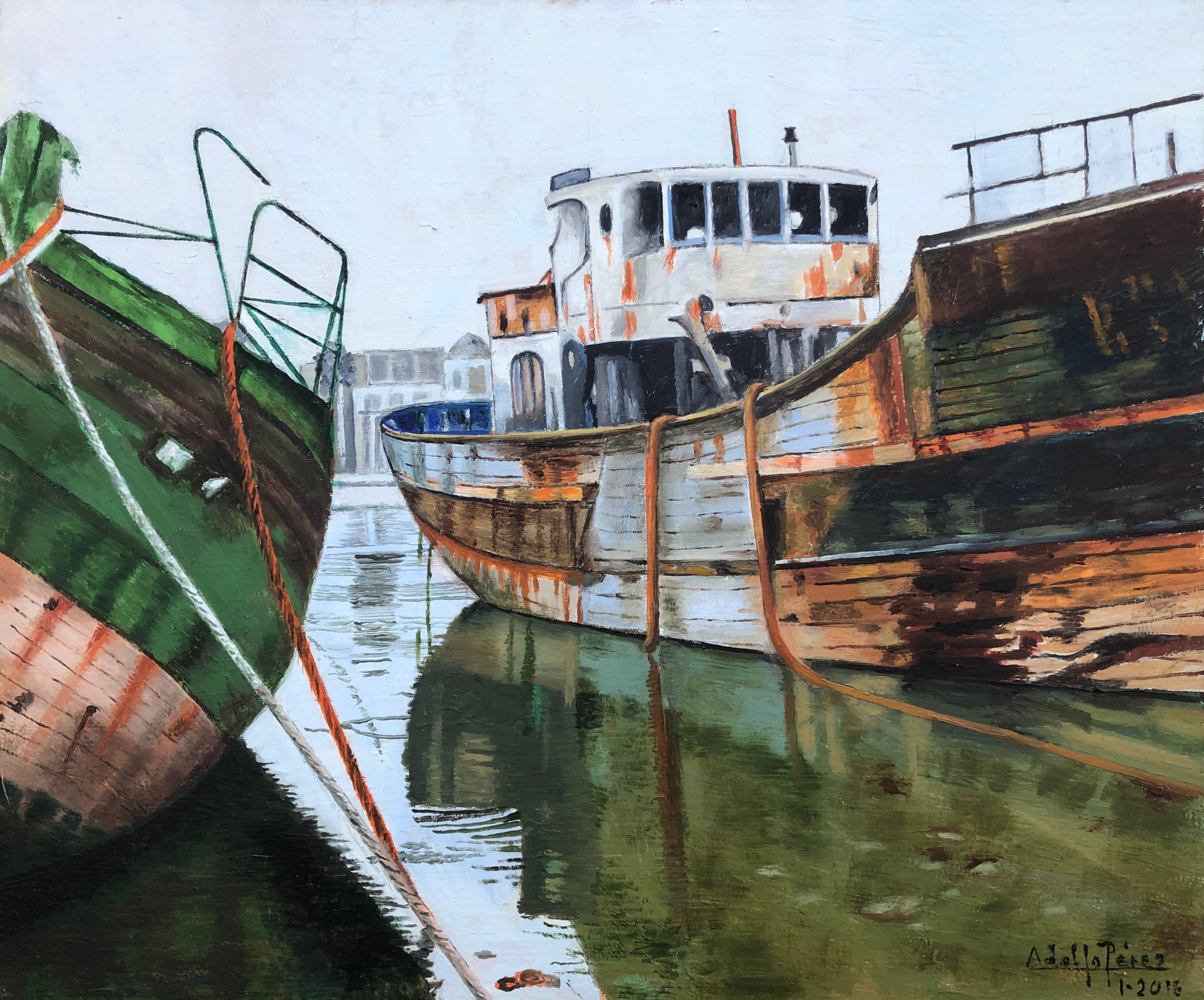 Landscape Painting Unknown - Port de pêche France huile sur toile peinture paysage marin bateaux