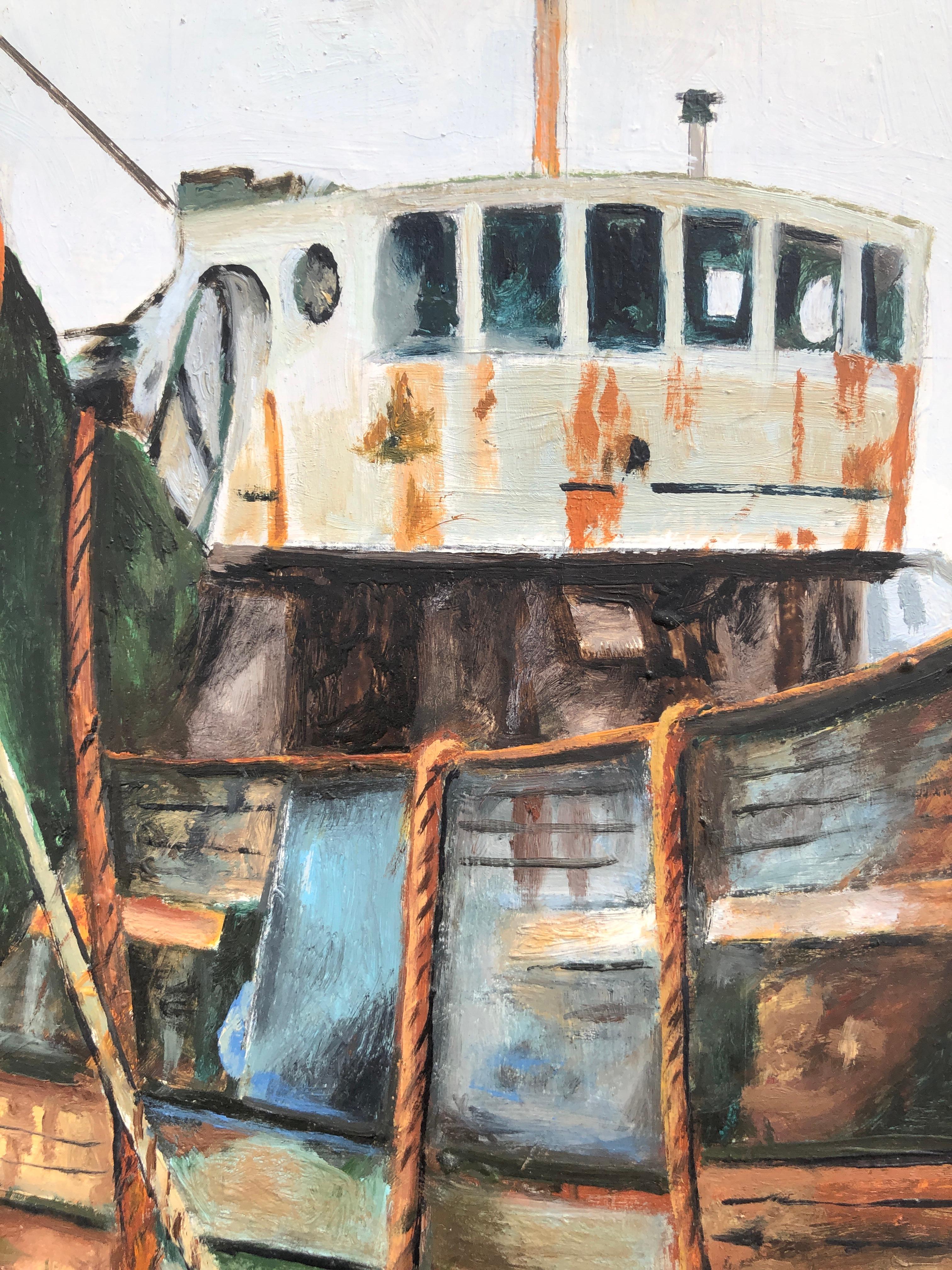 Port de pêche France huile sur toile peinture paysage marin - Photoréalisme Painting par Unknown