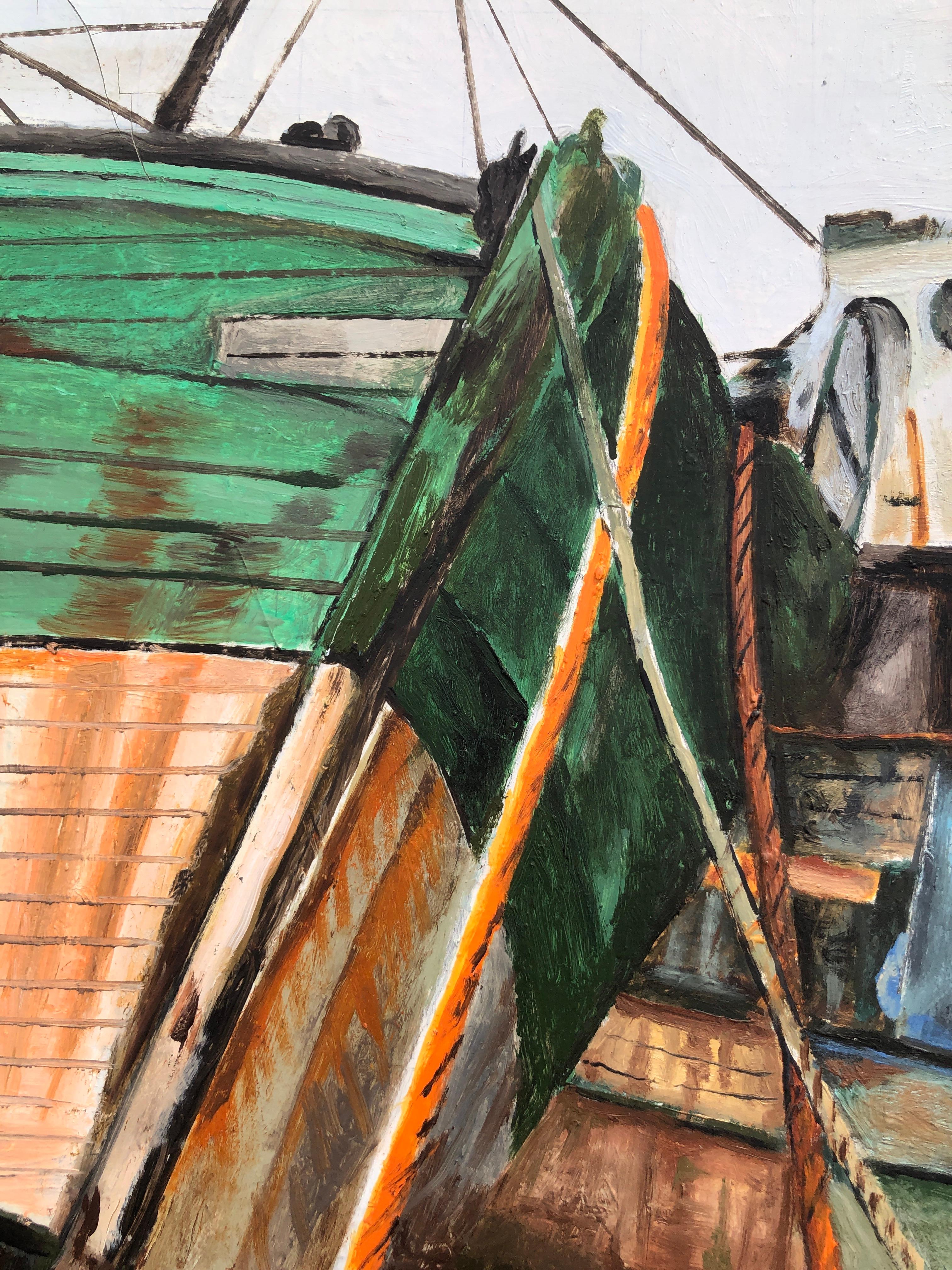 Port de pêche France huile sur toile peinture paysage marin - Marron Landscape Painting par Unknown