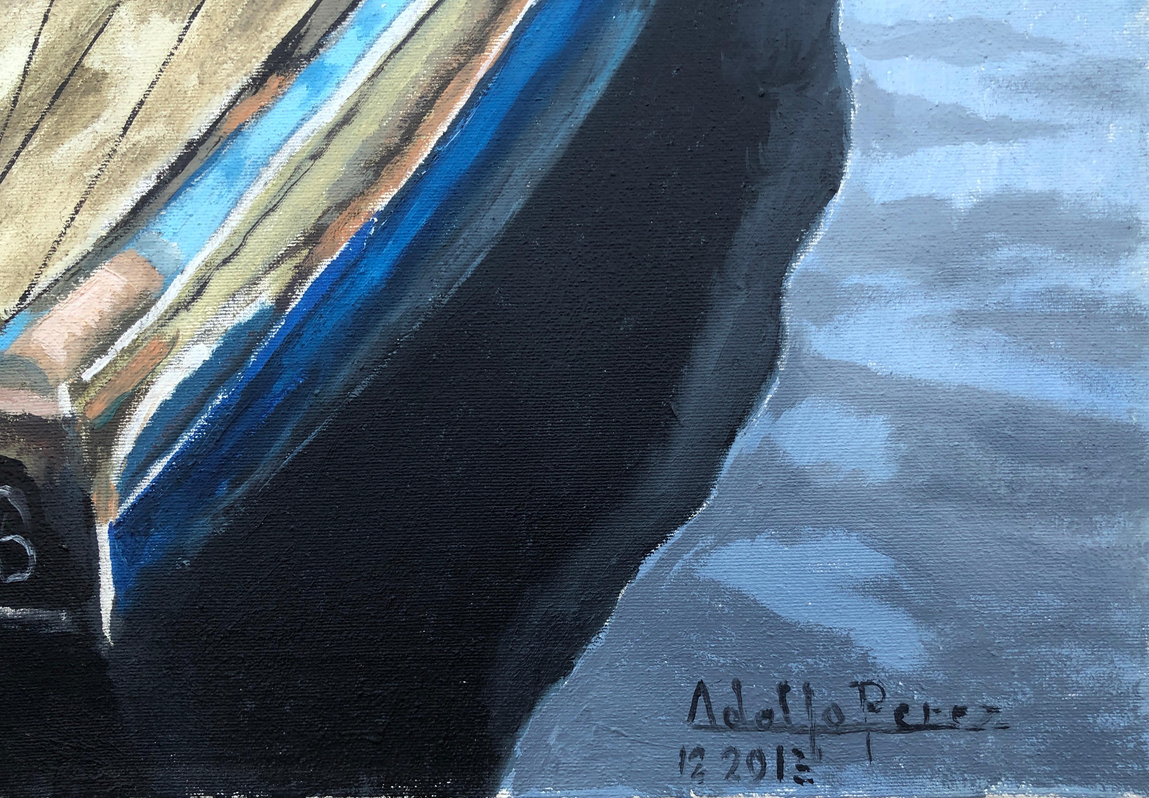 Fishing port Morocco oil on canvas painting seascape boats - Painting by Unknown