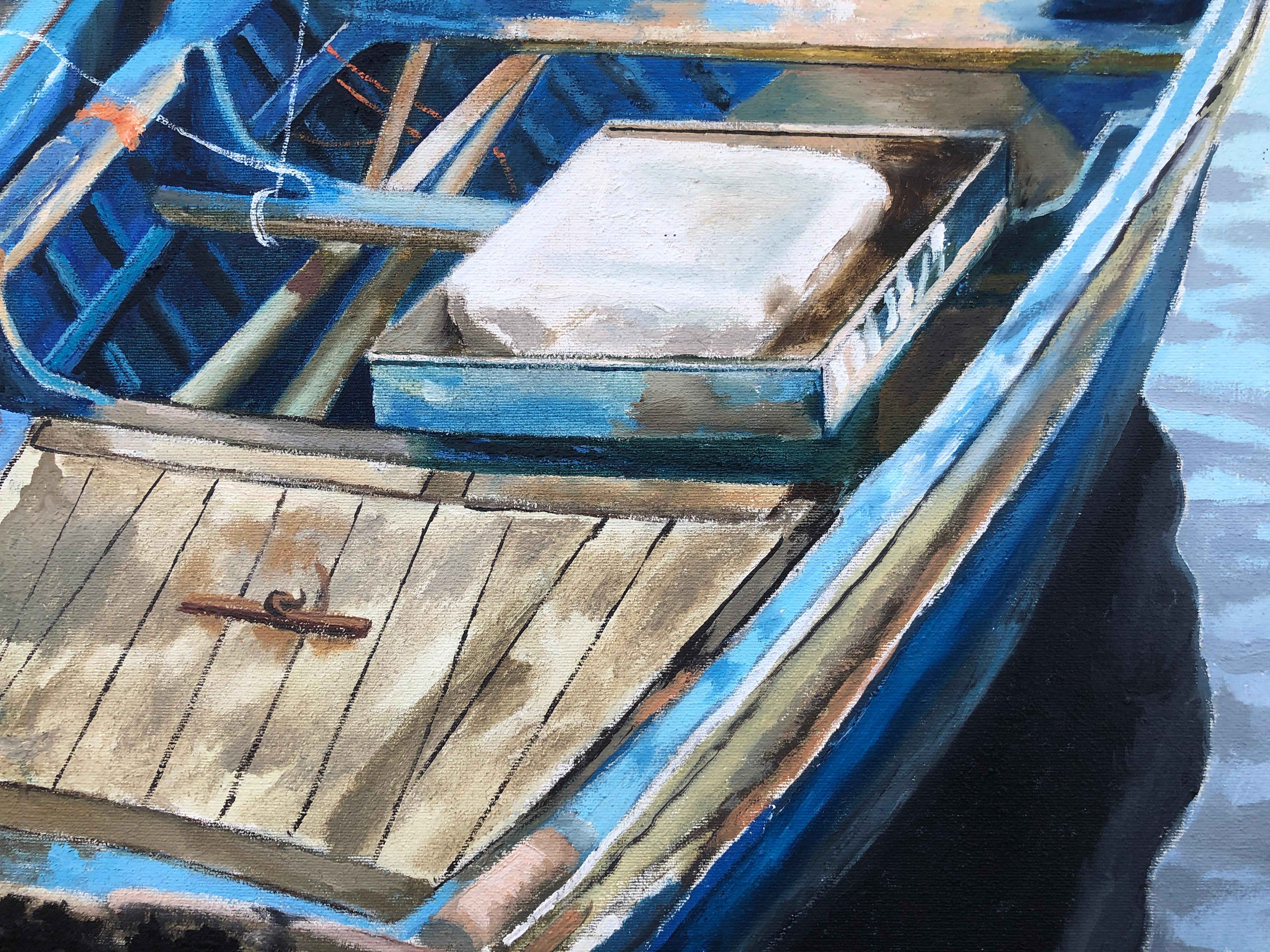 Fishing port Morocco oil on canvas painting seascape boats - Photorealist Painting by Unknown