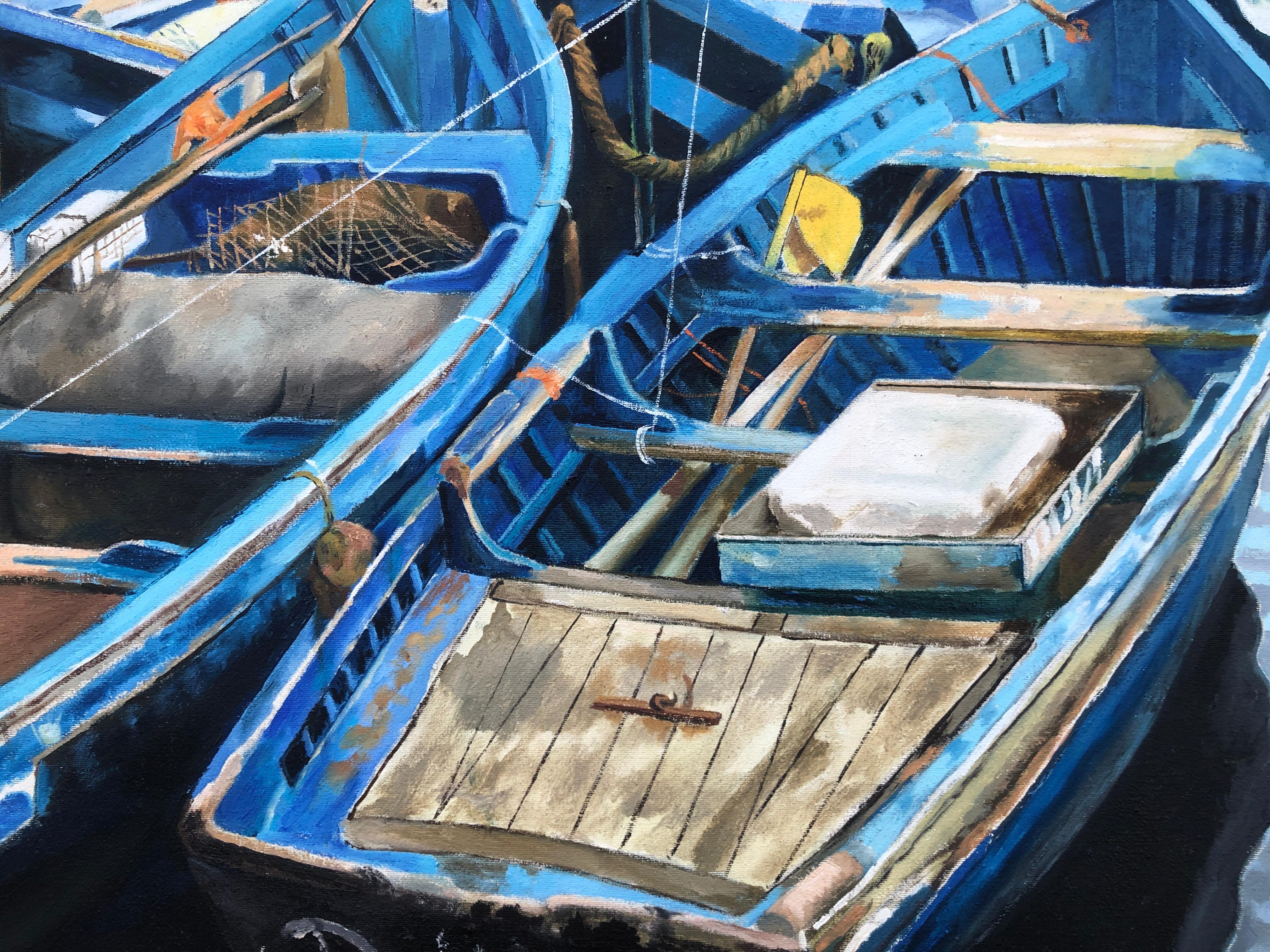 Fishing port Morocco oil on canvas painting seascape boats 3