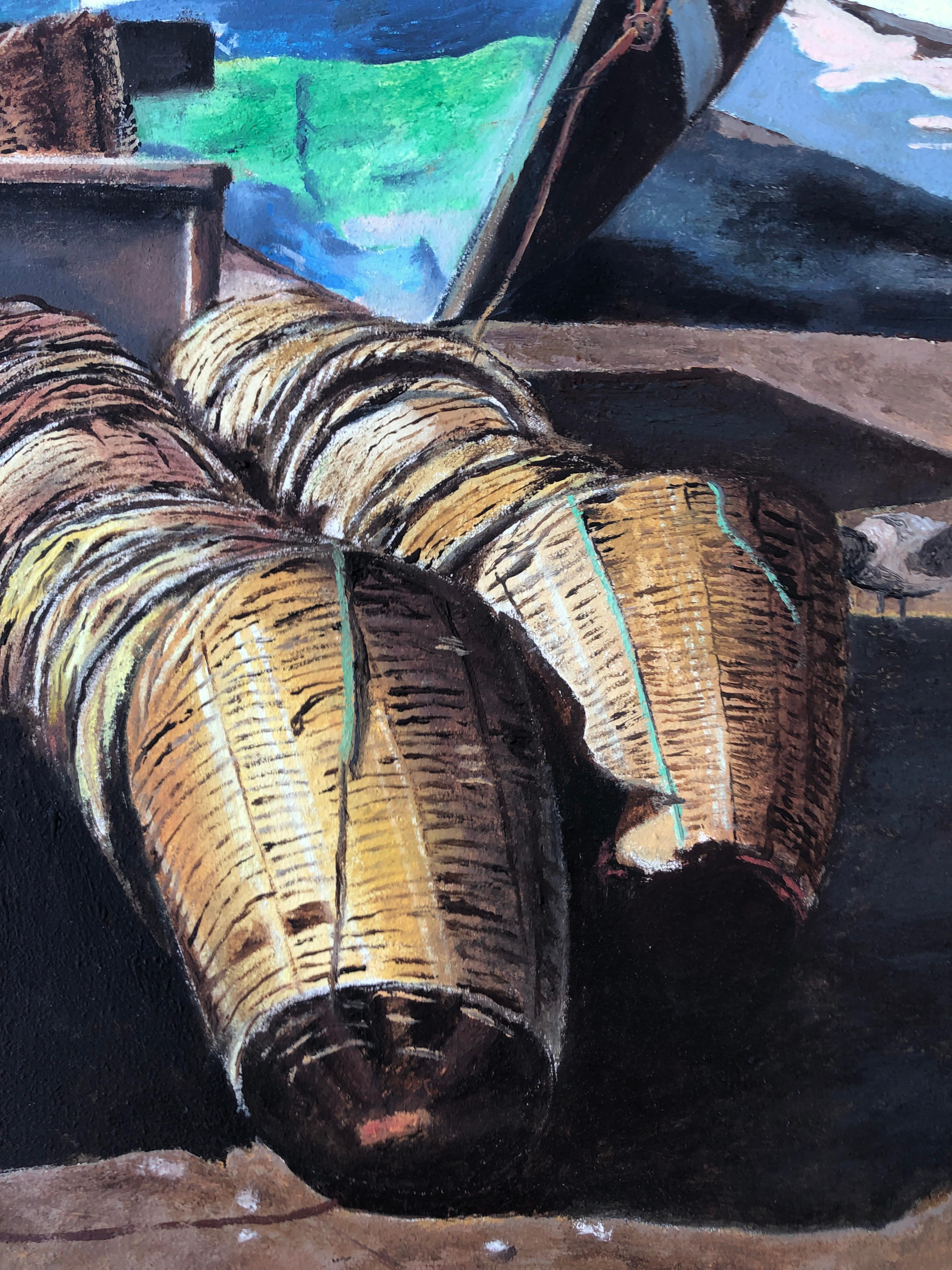 Fishing port oil on canvas painting seascape boats European art - Photorealist Painting by Unknown