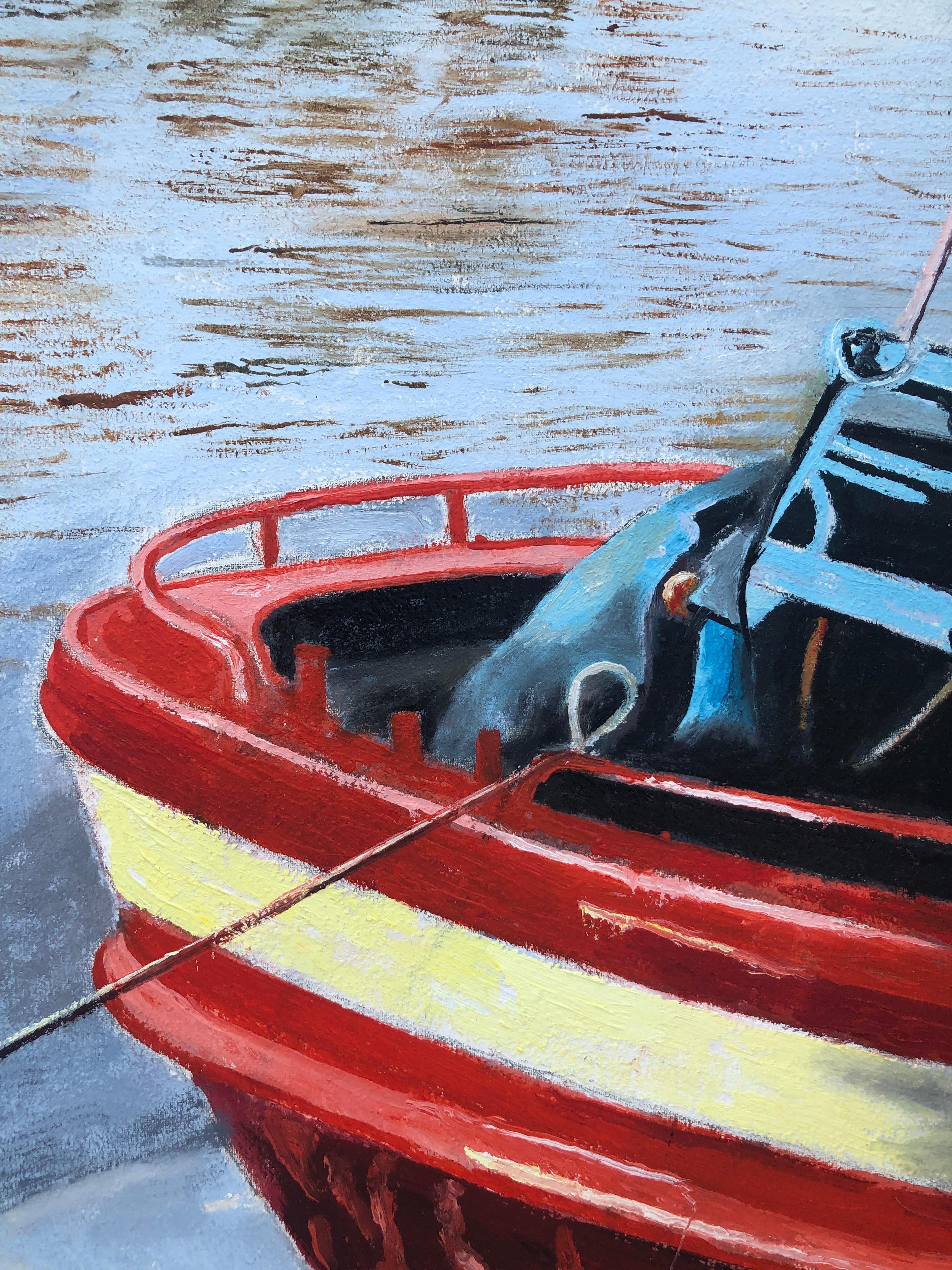Fishing port oil on canvas painting seascape boats European art - Photorealist Painting by Unknown