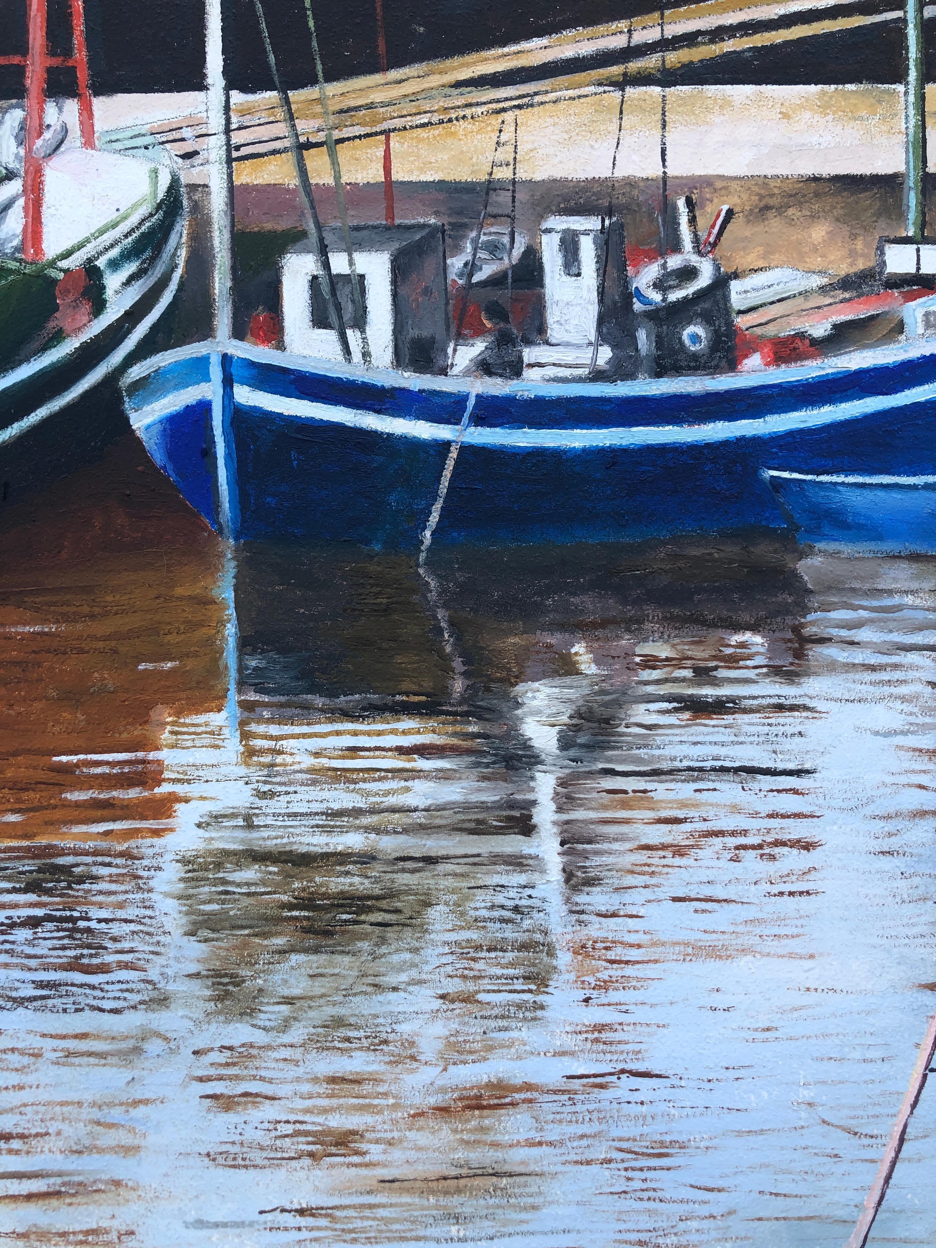 Fishing port oil on canvas painting seascape boats European art - Black Landscape Painting by Unknown