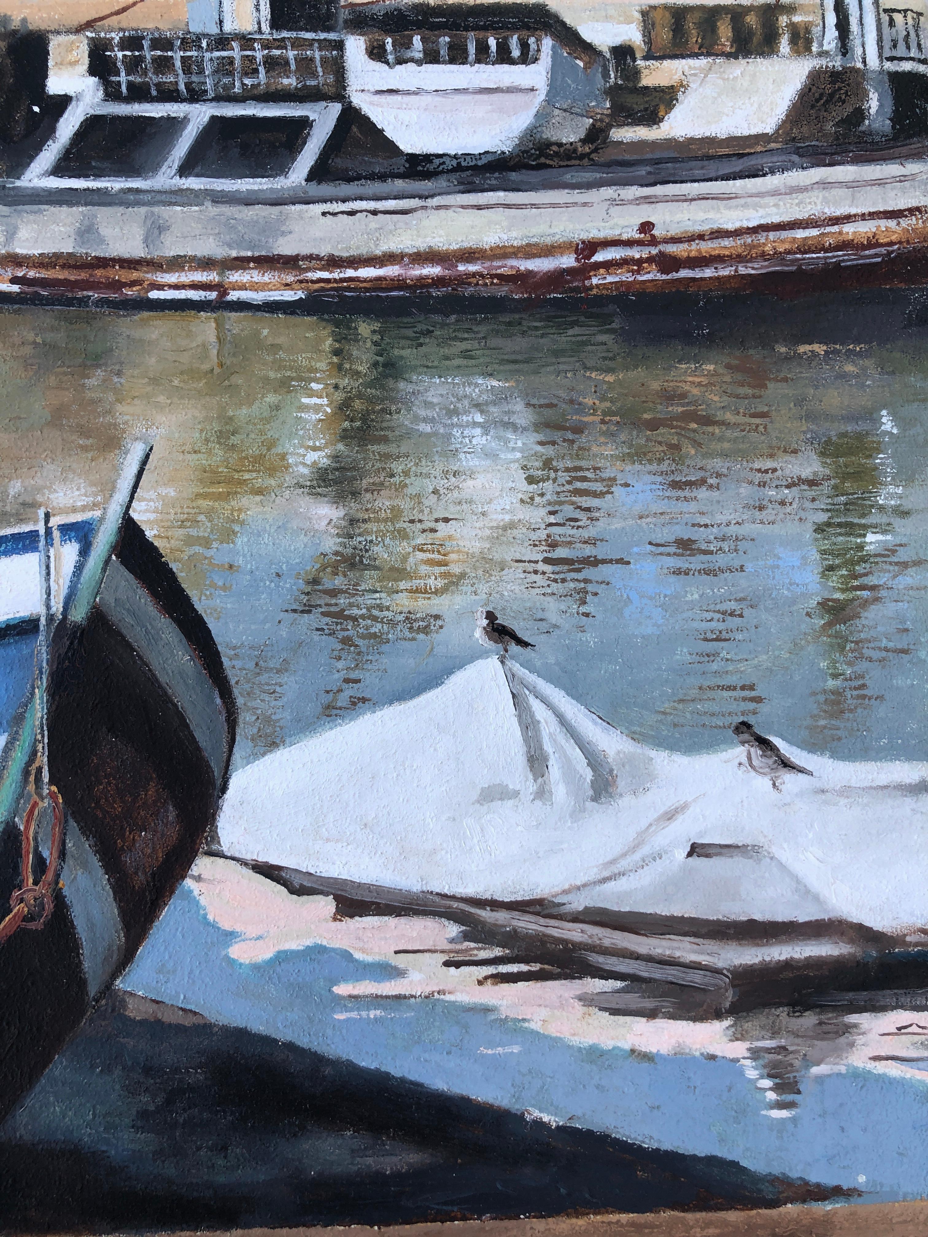 Fishing port oil on canvas painting seascape boats European art For Sale 1