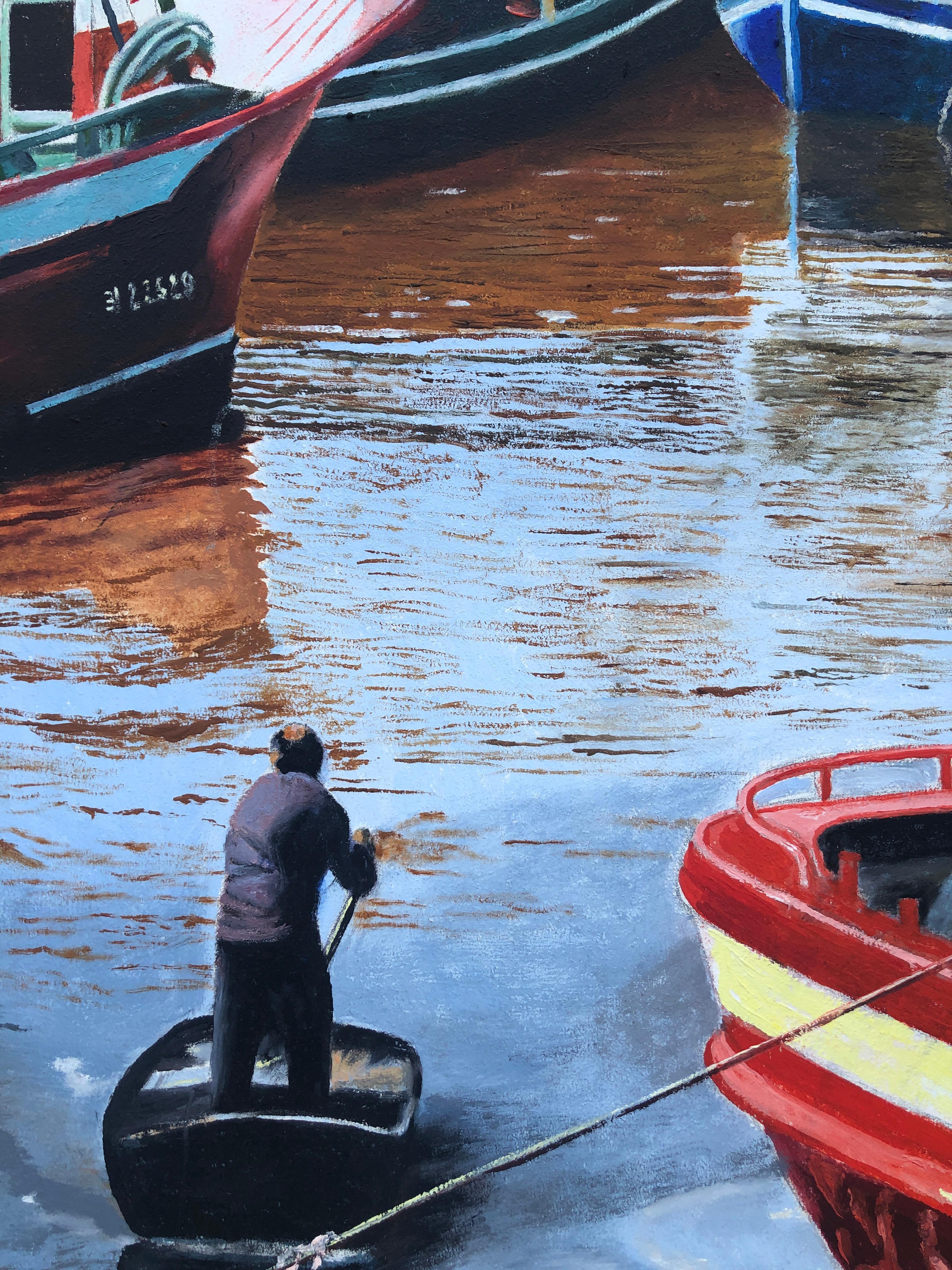 Fishing port oil on canvas painting seascape boats European art For Sale 1