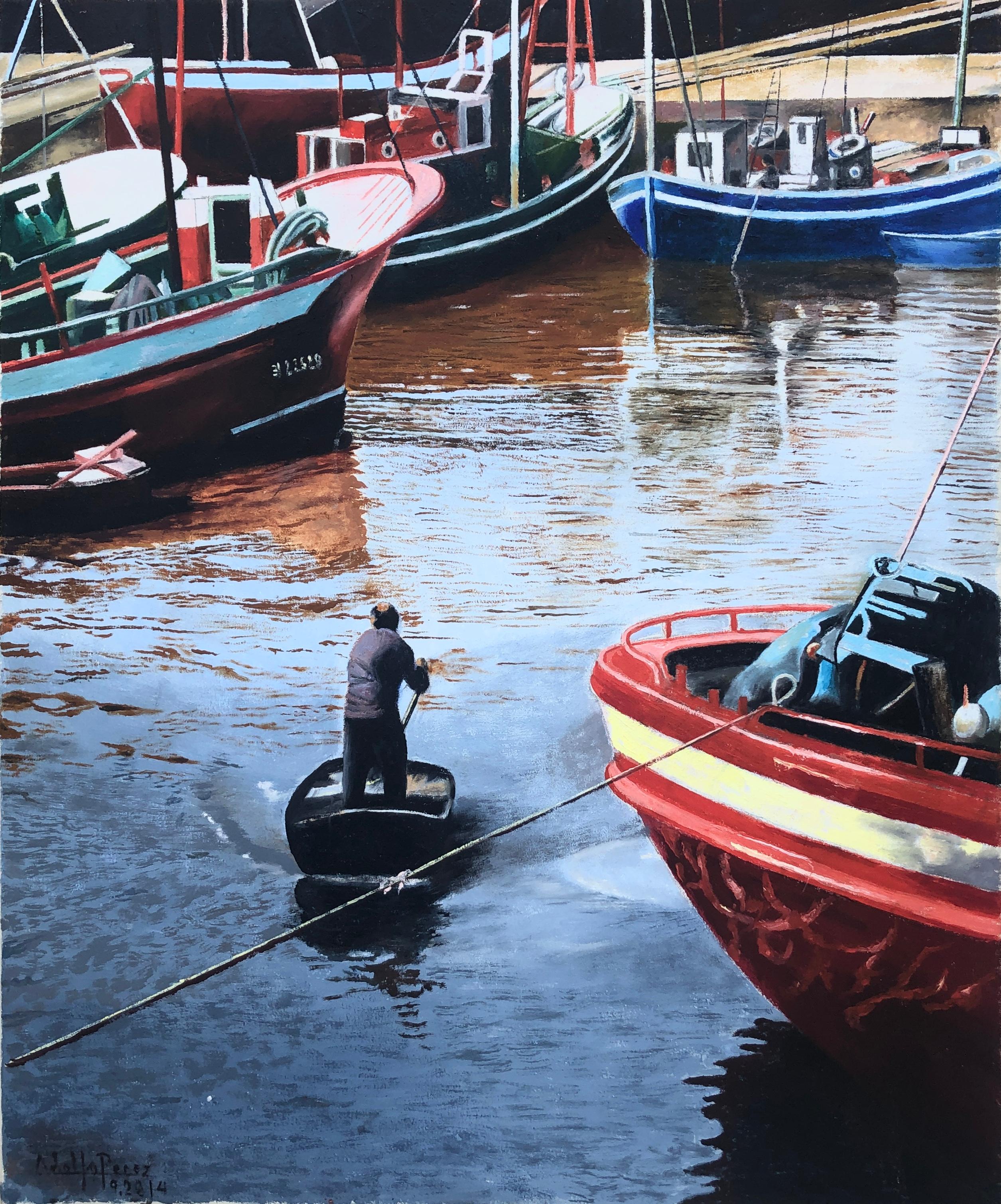 Unknown Landscape Painting - Fishing port oil on canvas painting seascape boats European art