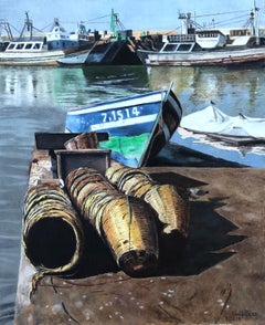 Fishing port oil on canvas painting seascape boats European art