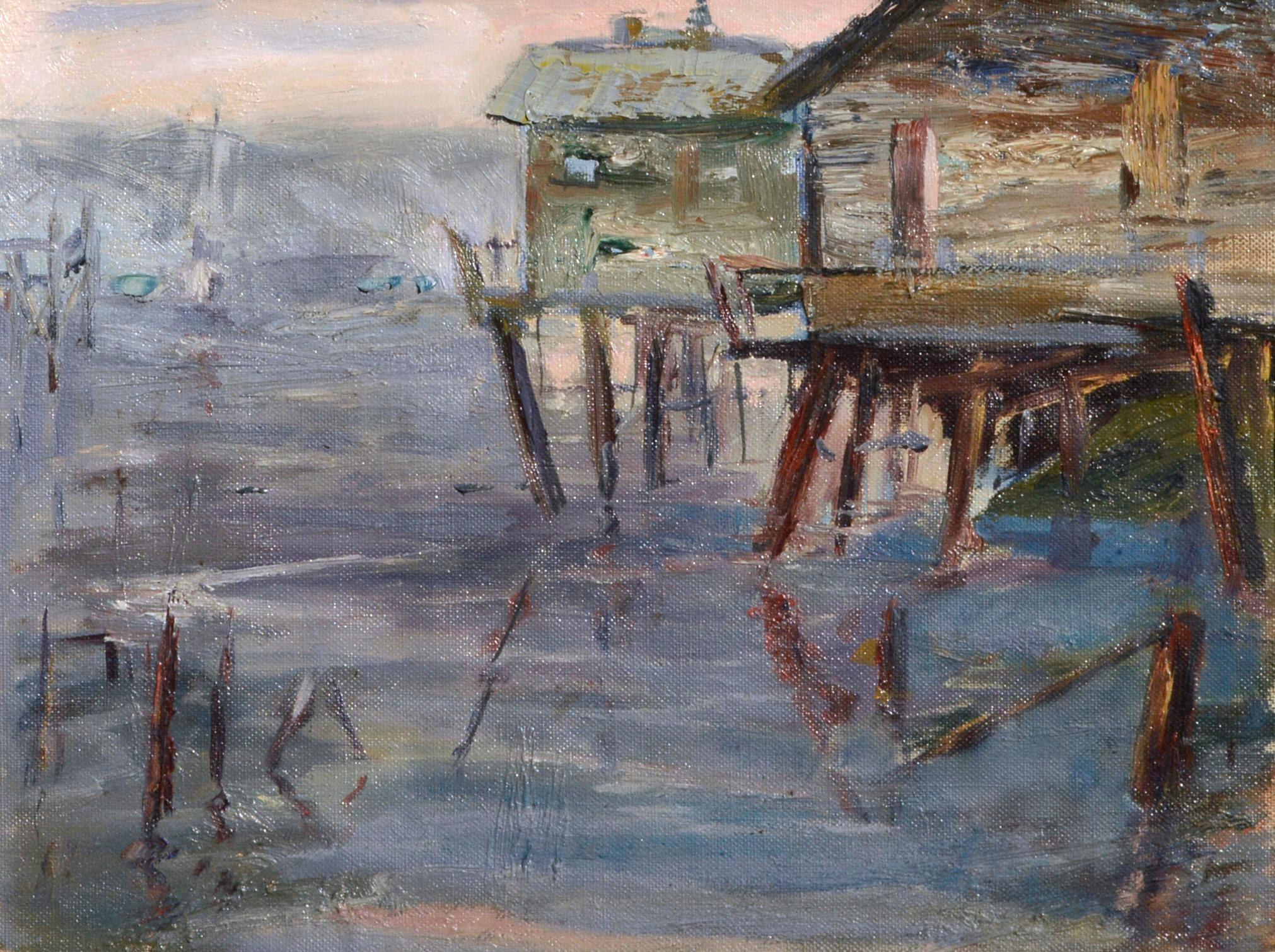 Abstracted Monterey Wharf, Shacks on the Dock Landscape  - Painting by Unknown
