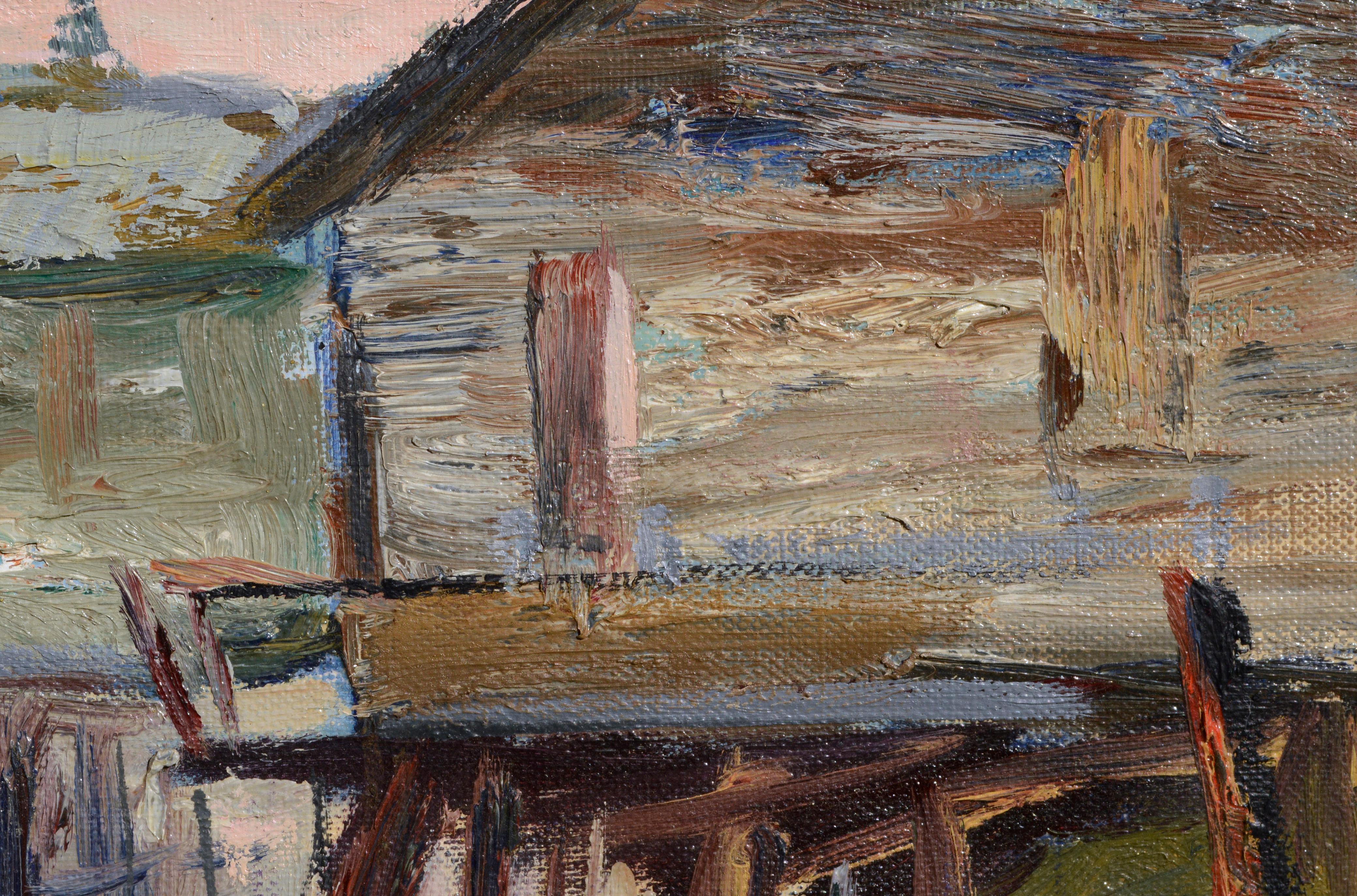 Abstraktes Monterey-Wasserbecken, Schirme auf der Dock-Landschaft  (Abstrakter Impressionismus), Painting, von Unknown