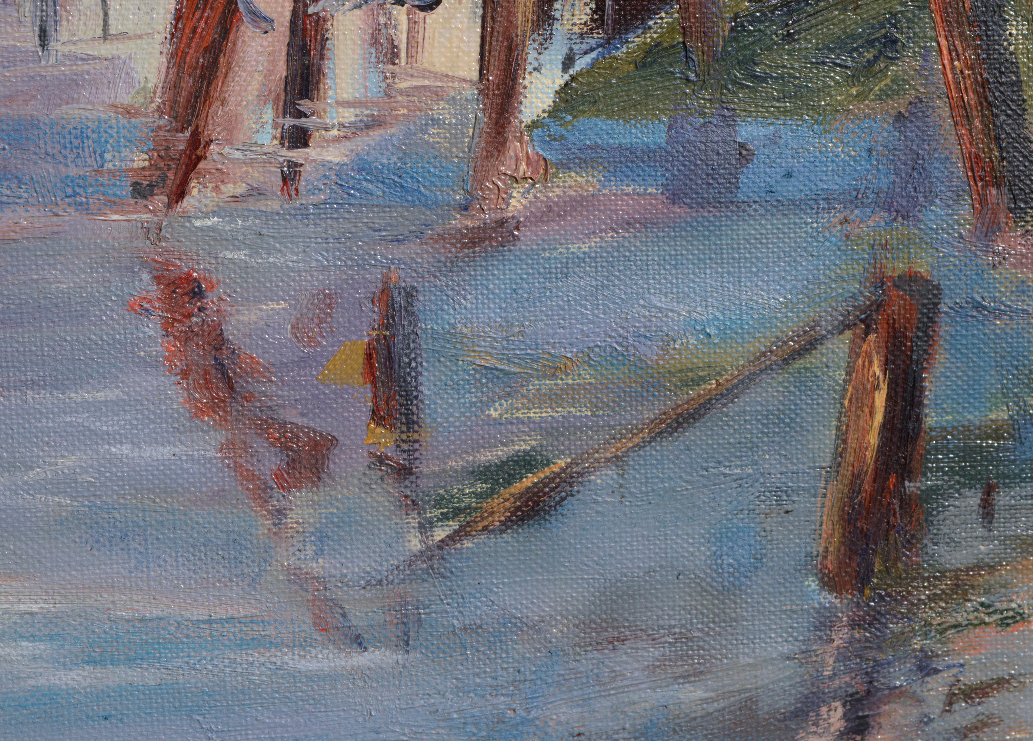 Abstracted Monterey Wharf, Shacks on the Dock Landscape  - Abstract Impressionist Painting by Unknown