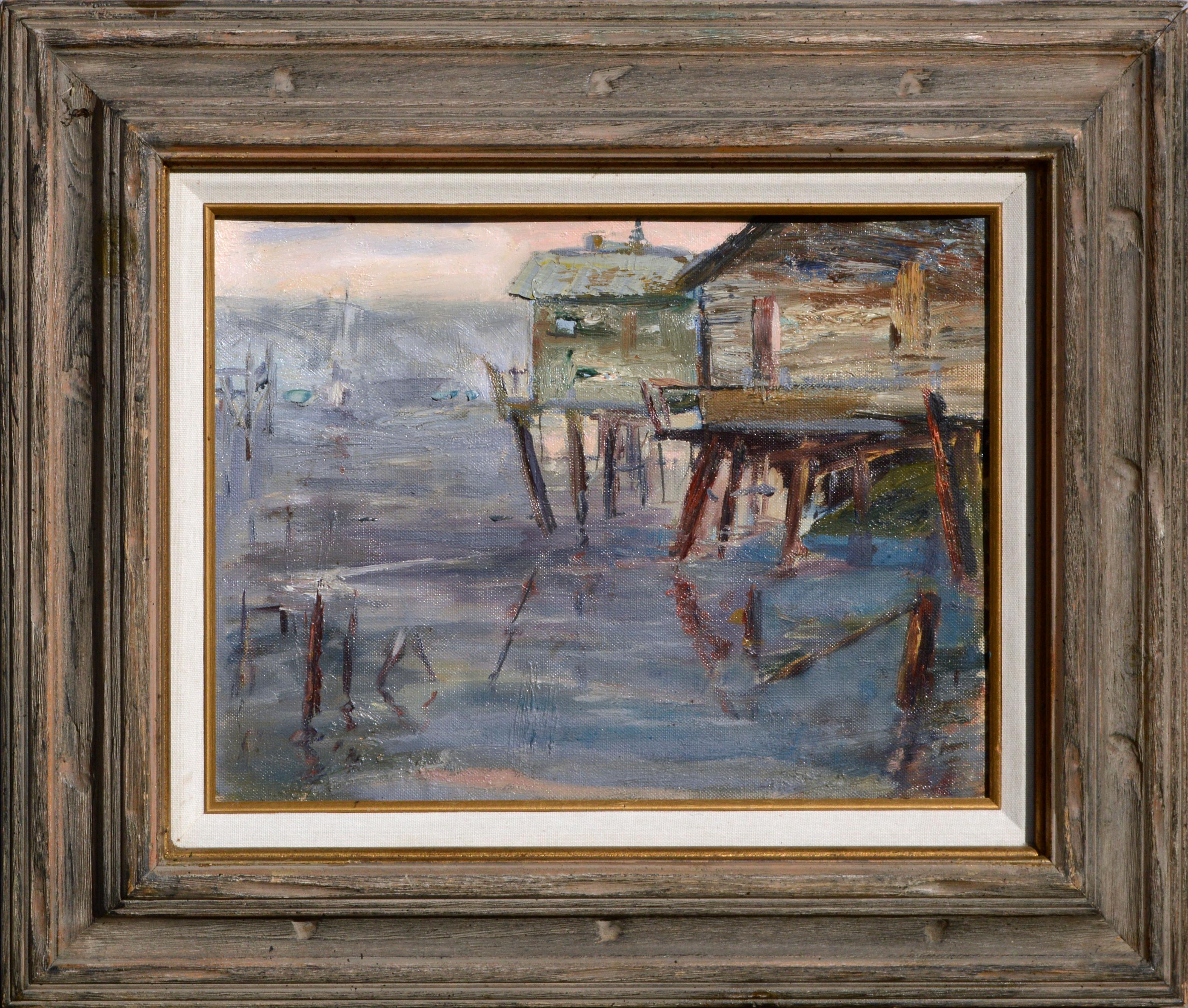 Landscape Painting Unknown - Paysage abstrait du Monterey Wharf, abat-jour sur le chantier naval 