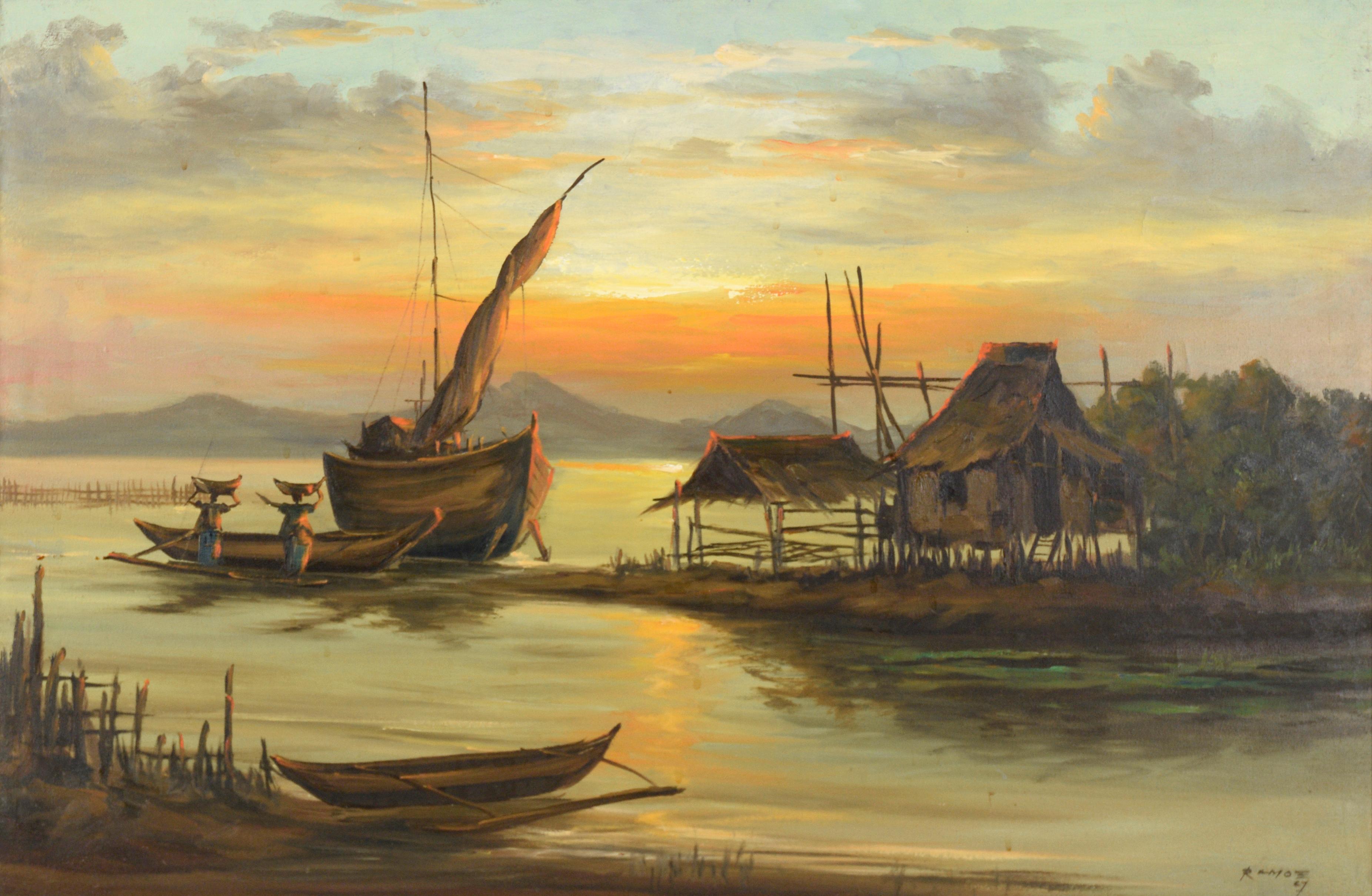 Fishing Village at Sunset by Ramos Philippines  - Painting by Unknown