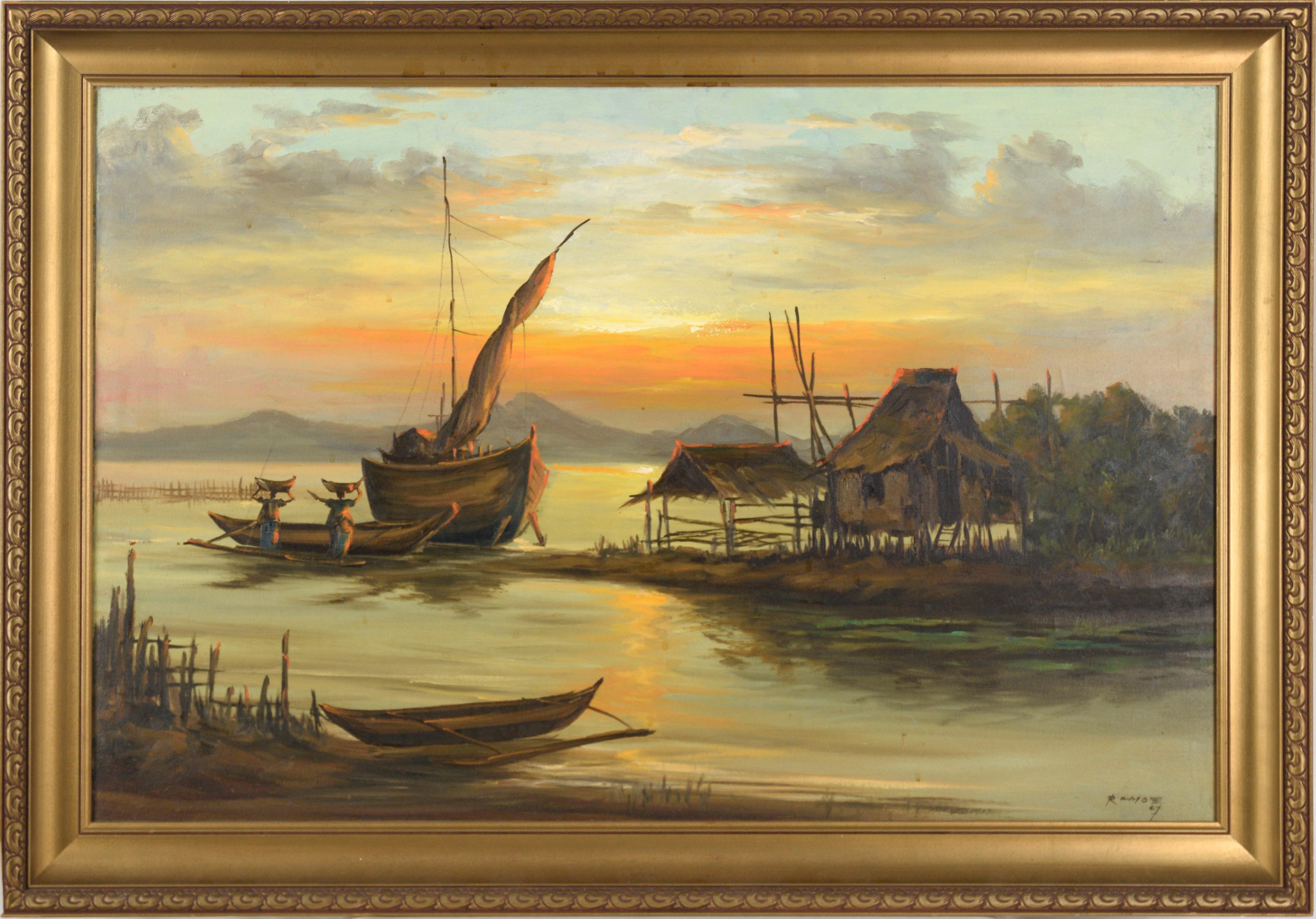 Unknown Figurative Painting - Fishing Village at Sunset by Ramos Philippines 