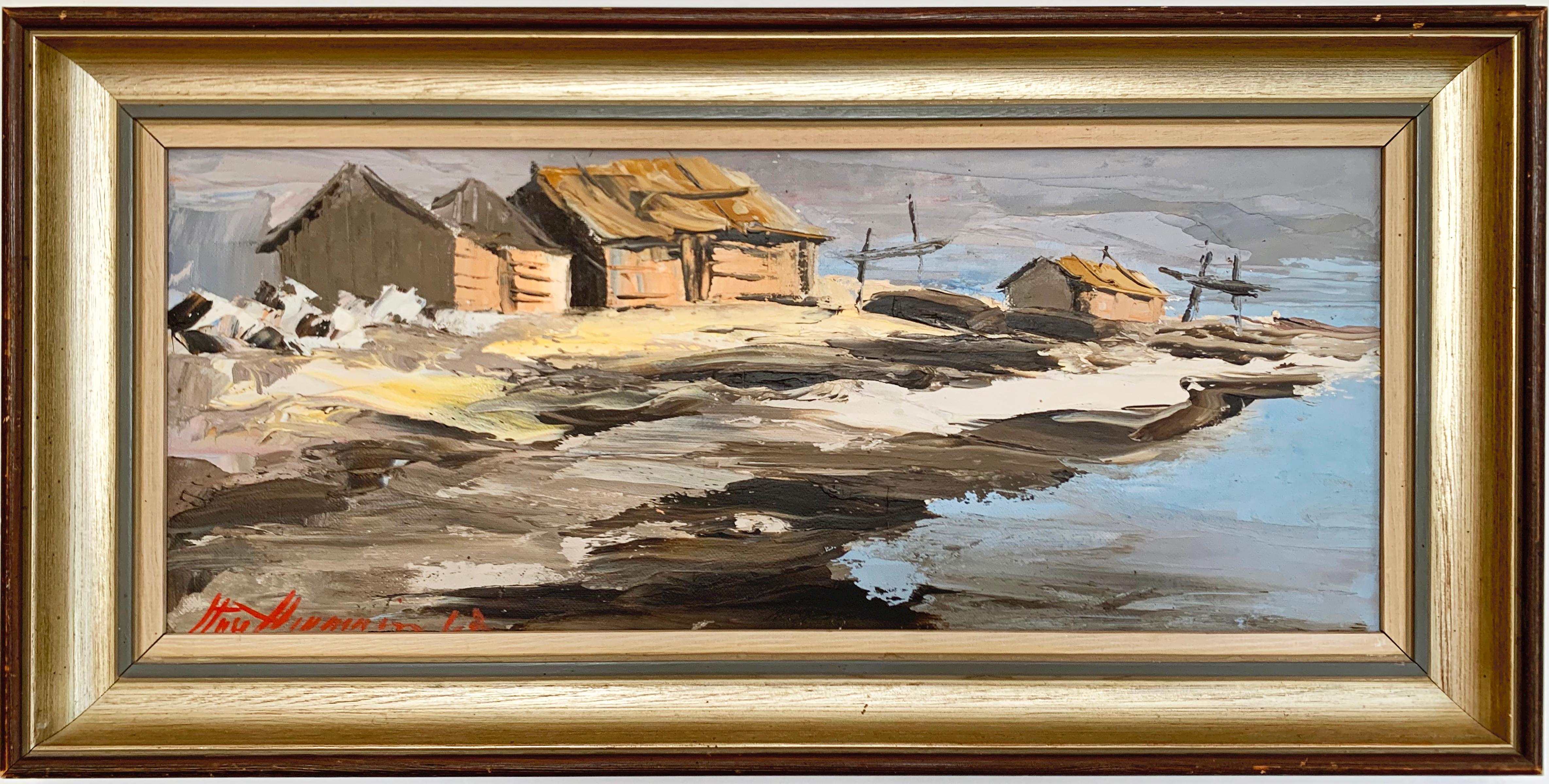 Landscape Painting Unknown - "Fishing Village", huile sur carton originale 