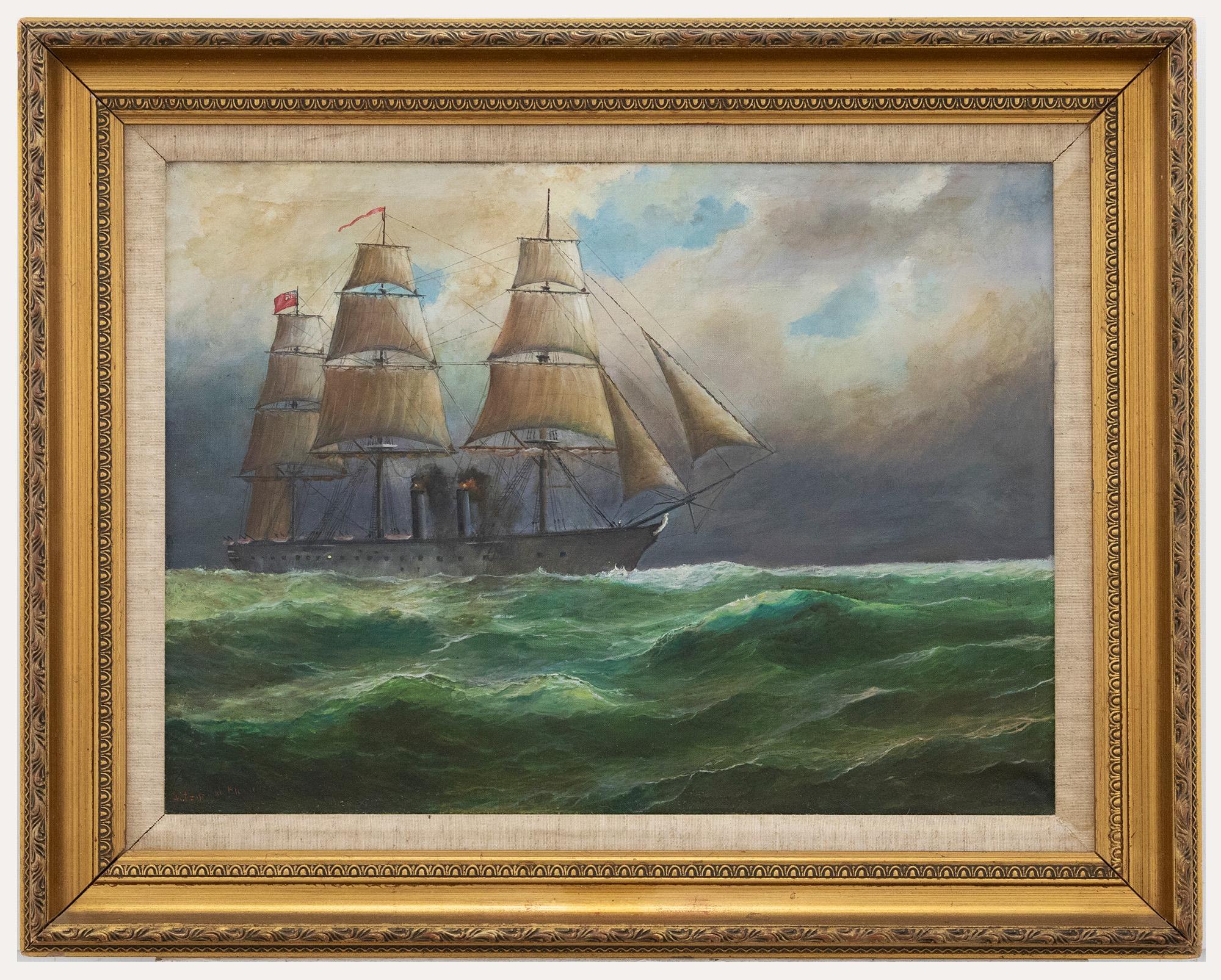 Figurative Painting Unknown - Fitzgerald Moore - Encadré 1986 - Huile, bateau à vapeur en mer