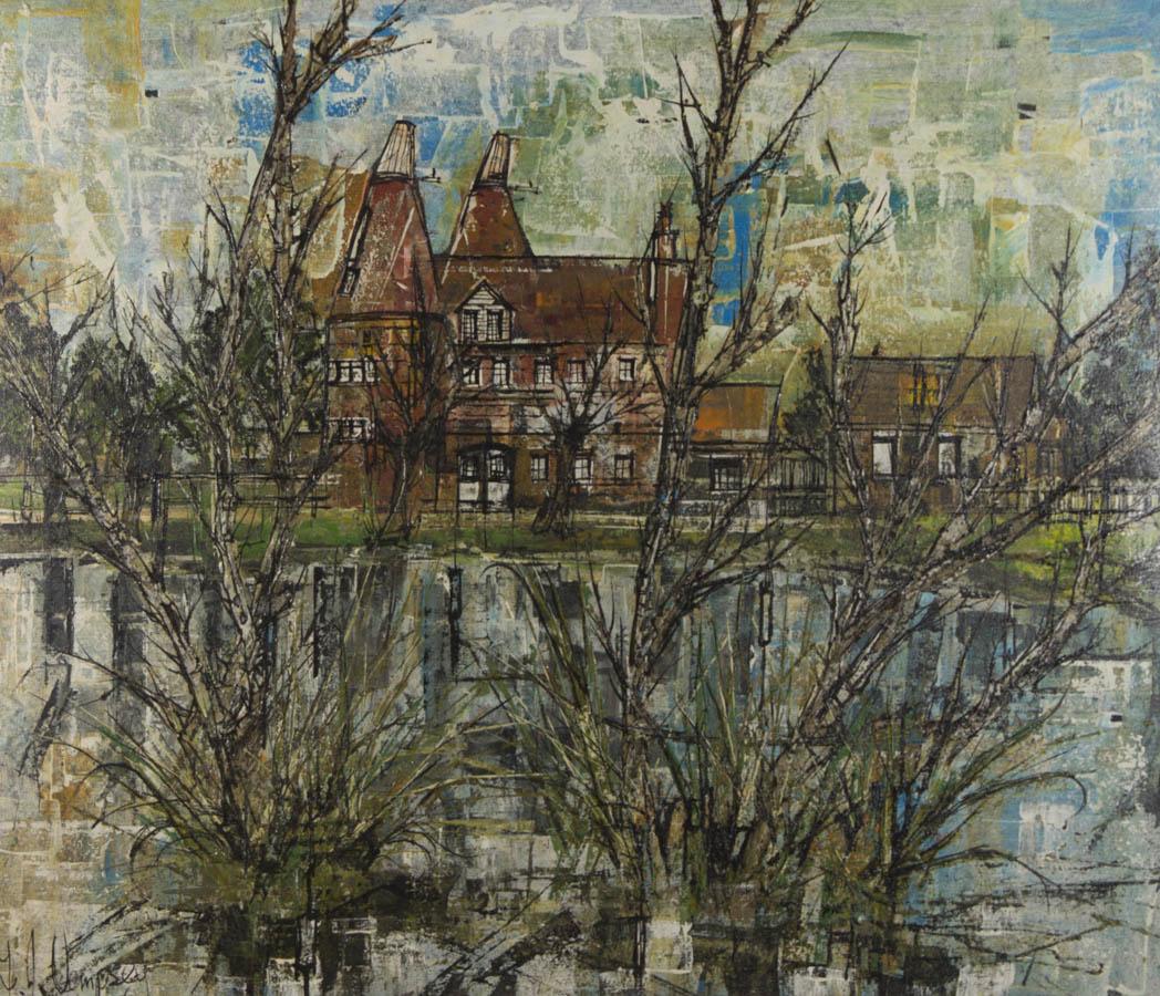 F.J. Dempsey - Large 20th Century Oil, Old Oast Houses by the River - Painting by Unknown
