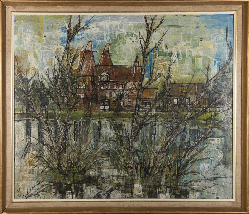Unknown Landscape Painting - F.J. Dempsey - Large 20th Century Oil, Old Oast Houses by the River