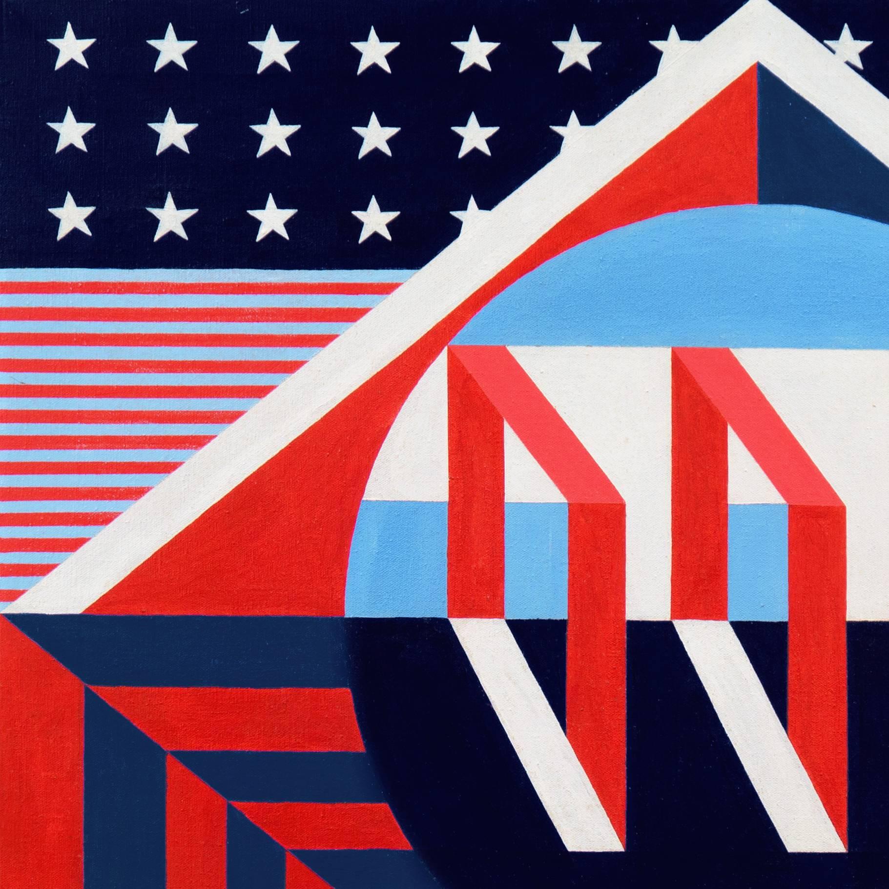 American School, Pop Art oil on canvas, unsigned and painted circa 1970.

A substantial and period, geometric Pop-Art abstract comprising red, white, and navy linear elements contrasted against a sky-blue field, with rows of white stars against a