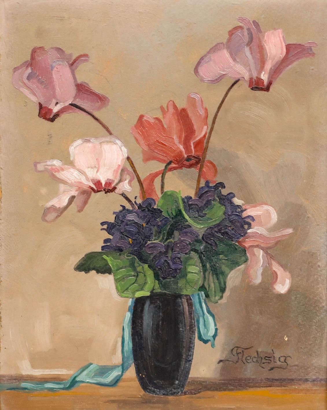 Flechsig - Öl, Mitte 20. Jahrhundert, Eine Vase mit Zyklamen – Painting von Unknown