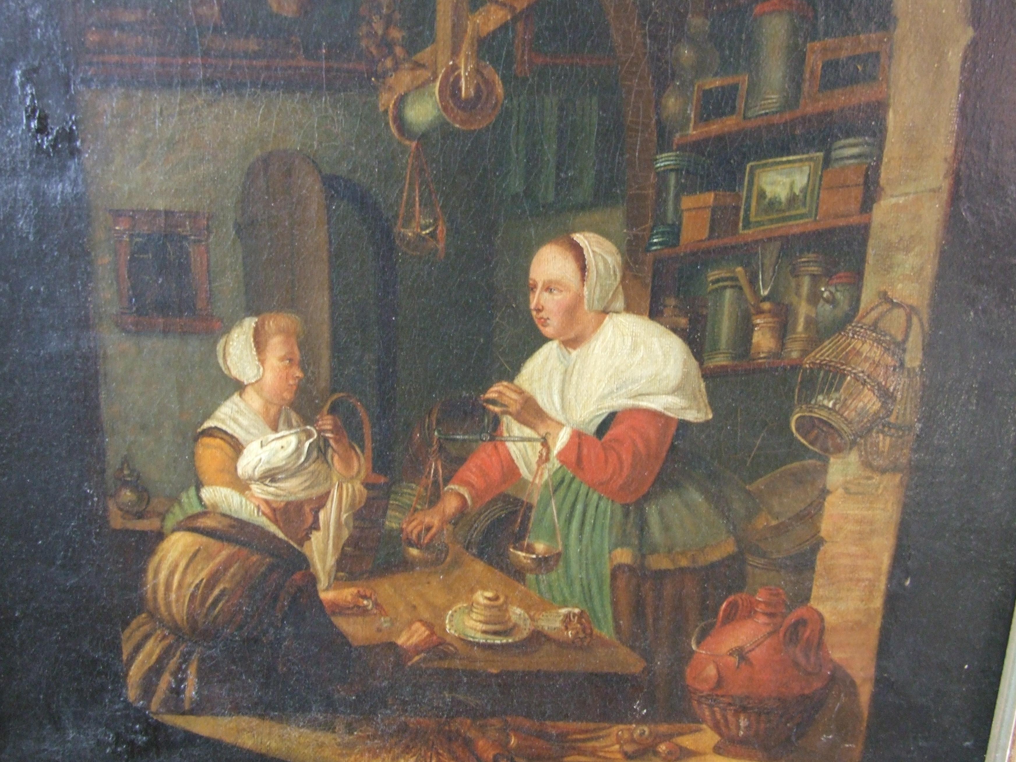 Flemish interior, XIX c. - Oil on canvas, 46x38 cm, framed. - Painting by Unknown