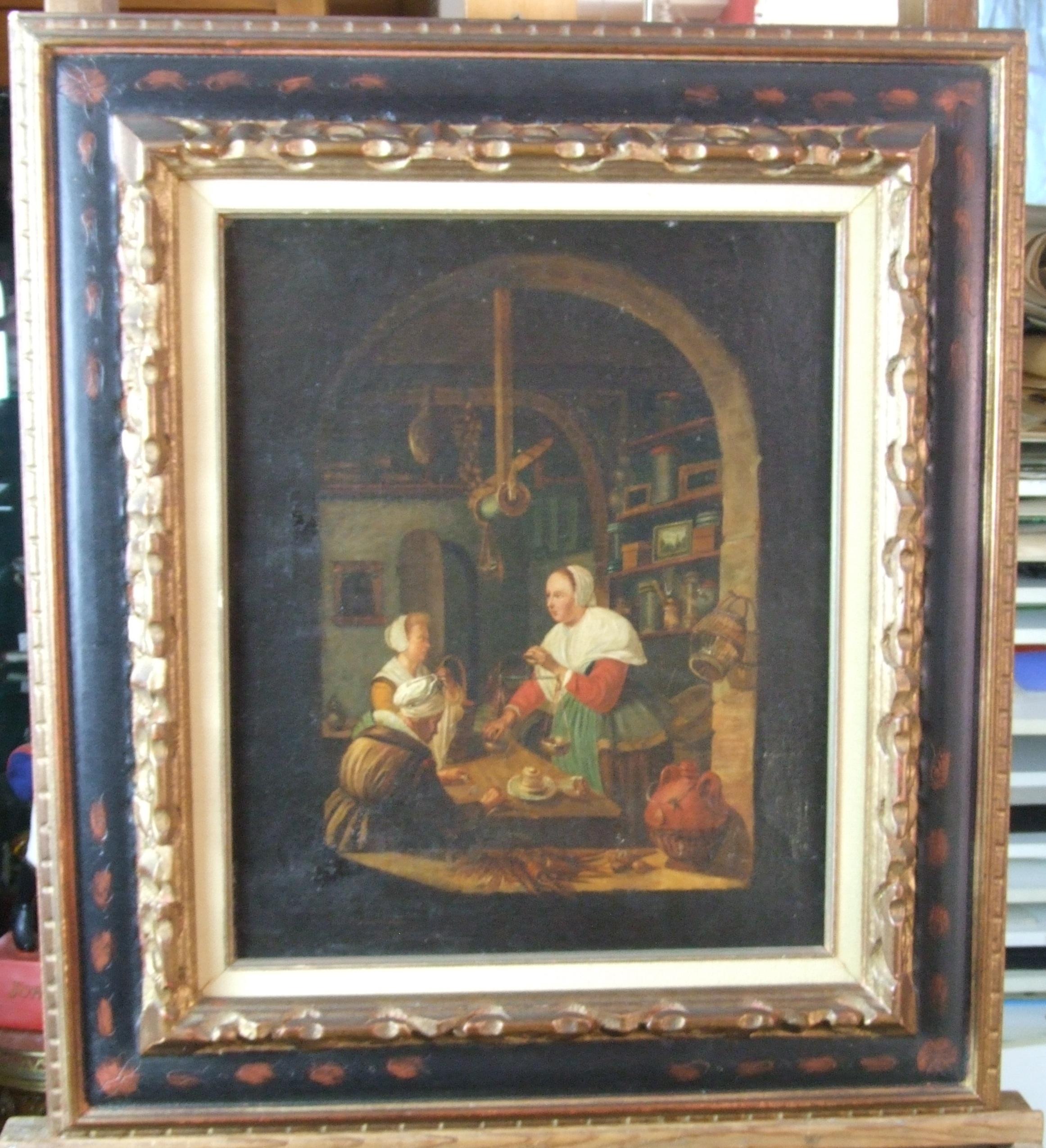 Flemish interior, XIX c. - Oil on canvas, 46x38 cm, framed.