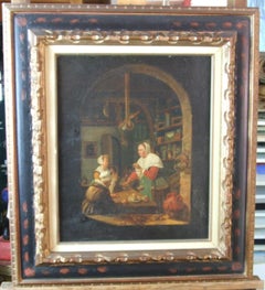 Flemish interior, XIX c. - Oil on canvas, 46x38 cm, framed.