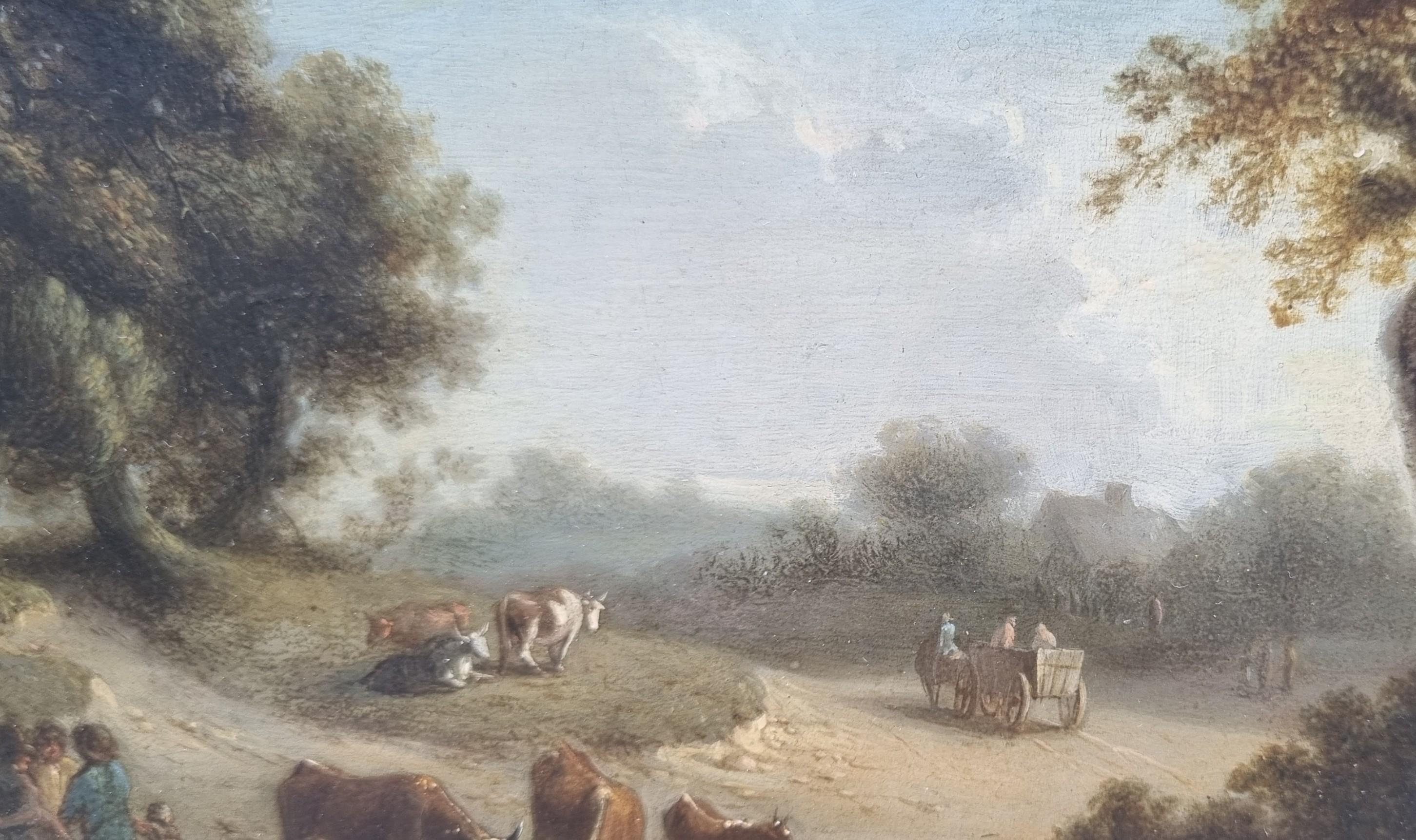 École flamande du 18e siècle

Paysage animé avec un troupeau de vaches

Huile sur panneau de bois
19,5 x 24,5 cm (27 x 32 cm avec le cadre)
Magnifique cadre antique en bois doré

Beau petit paysage peint sur un panneau de bois, probablement de