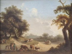 Flemish Landscape cattle cart trees Wood panel 18th