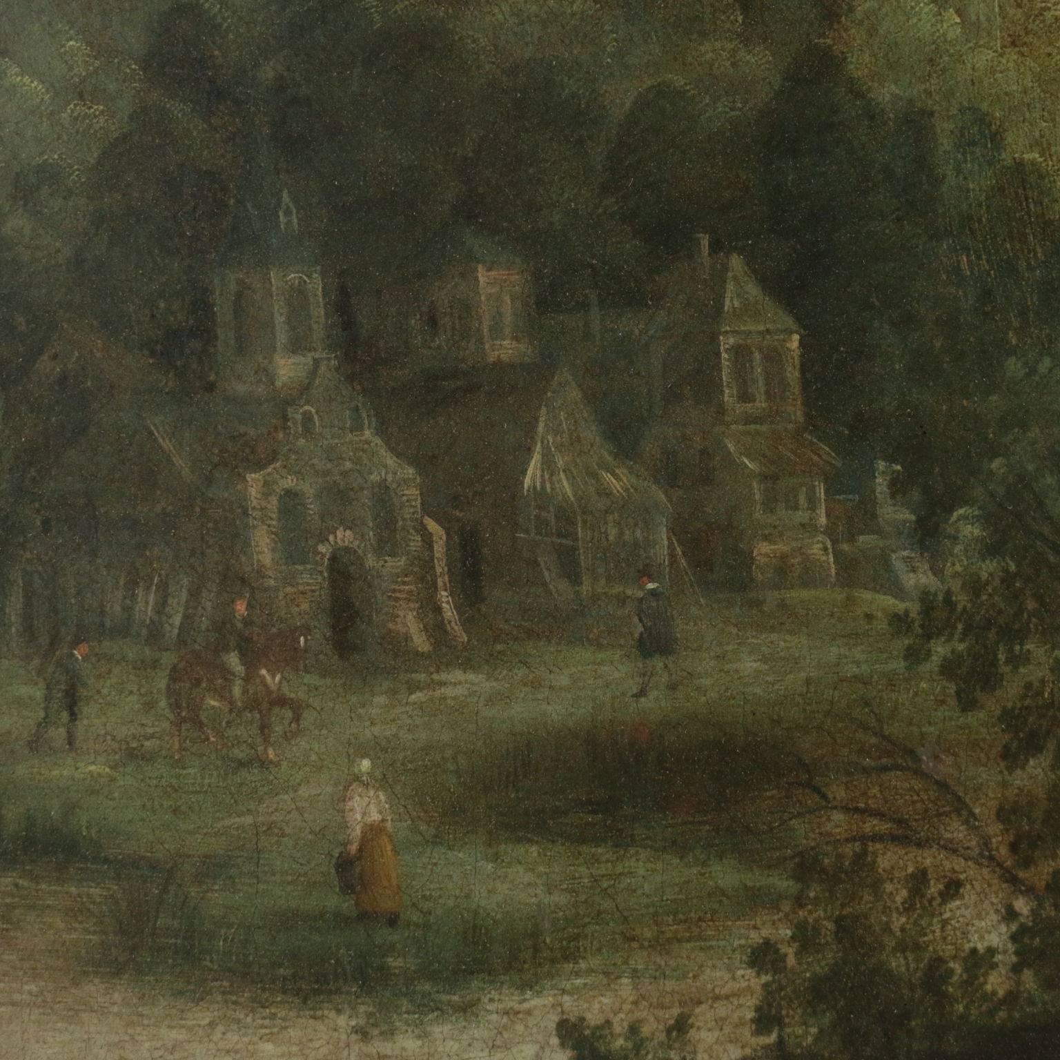 Flemish Painting Landscape with Figures Oil on Canvas 17th-18th Century 4