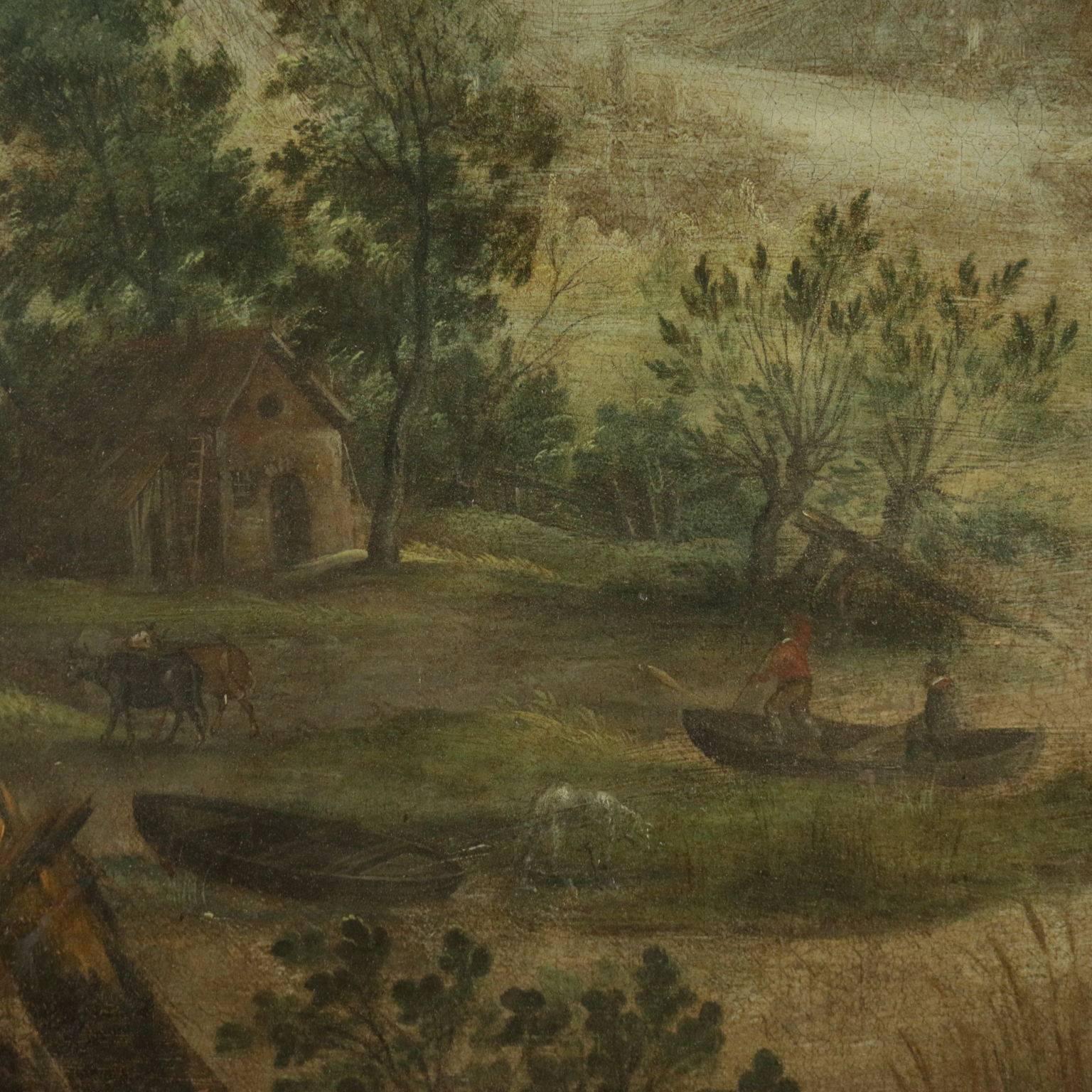 Flemish Painting Landscape with Figures Oil on Canvas 17th-18th Century 5