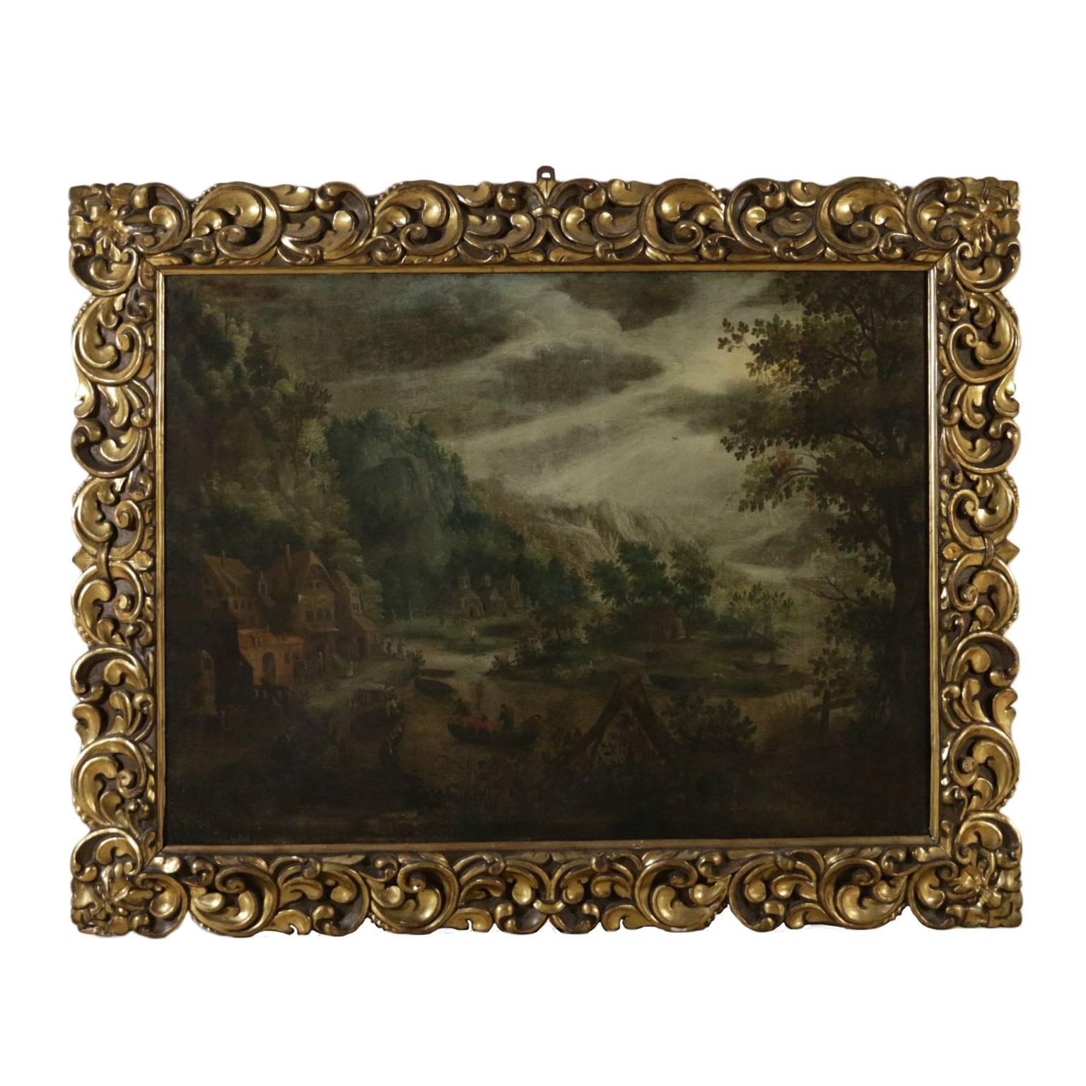 Unknown Landscape Painting - Flemish Painting Landscape with Figures Oil on Canvas 17th-18th Century