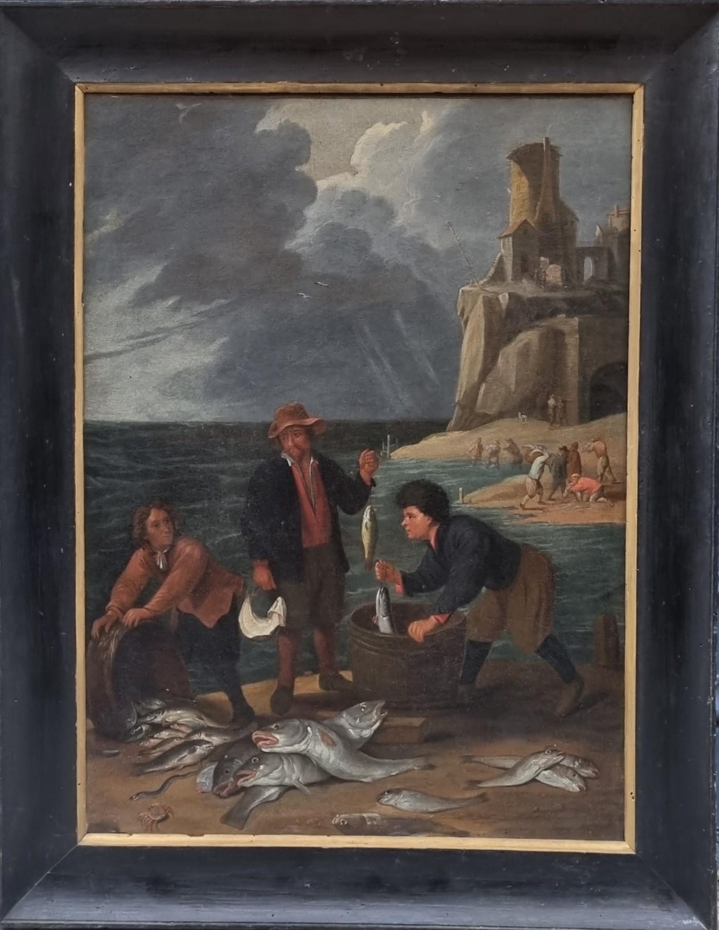 Scuola fiamminga 18° Dopo TENIERS Paesaggio marino Copia antica Ritorno di pescatori - Painting di Unknown