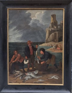 École flamande 18e d'après TENIERS Paysage marin Exemplaire ancien retour de pêcheurs