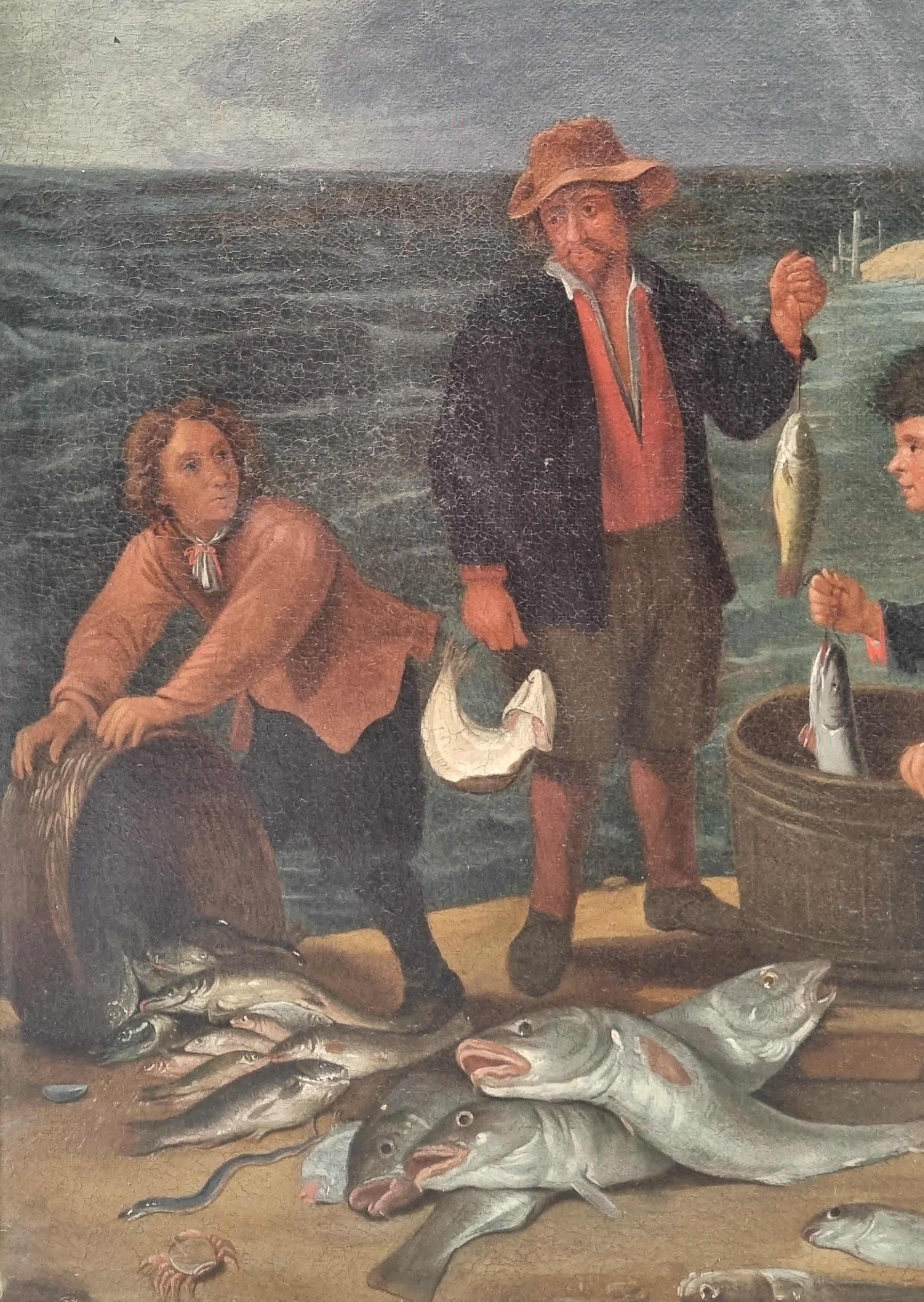 Scuola fiamminga 18° Dopo TENIERS Paesaggio marino Copia antica Ritorno di pescatori in vendita 1