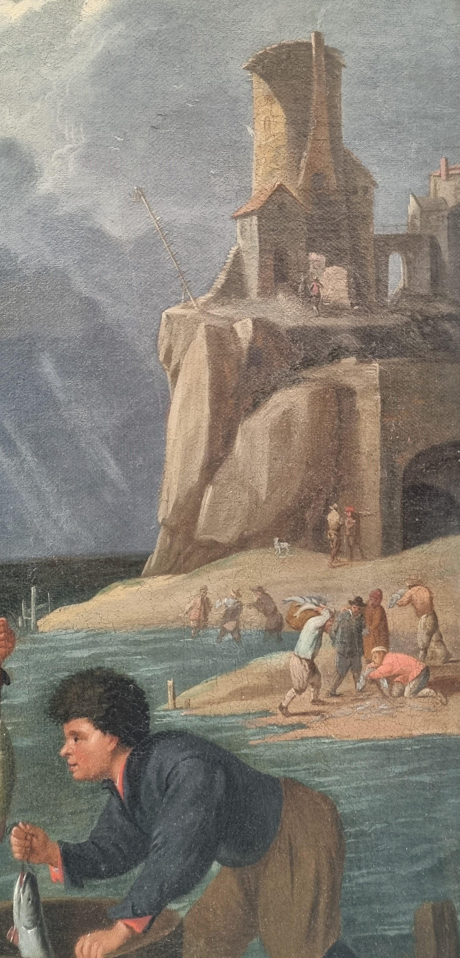 Scuola fiamminga 18° Dopo TENIERS Paesaggio marino Copia antica Ritorno di pescatori in vendita 2
