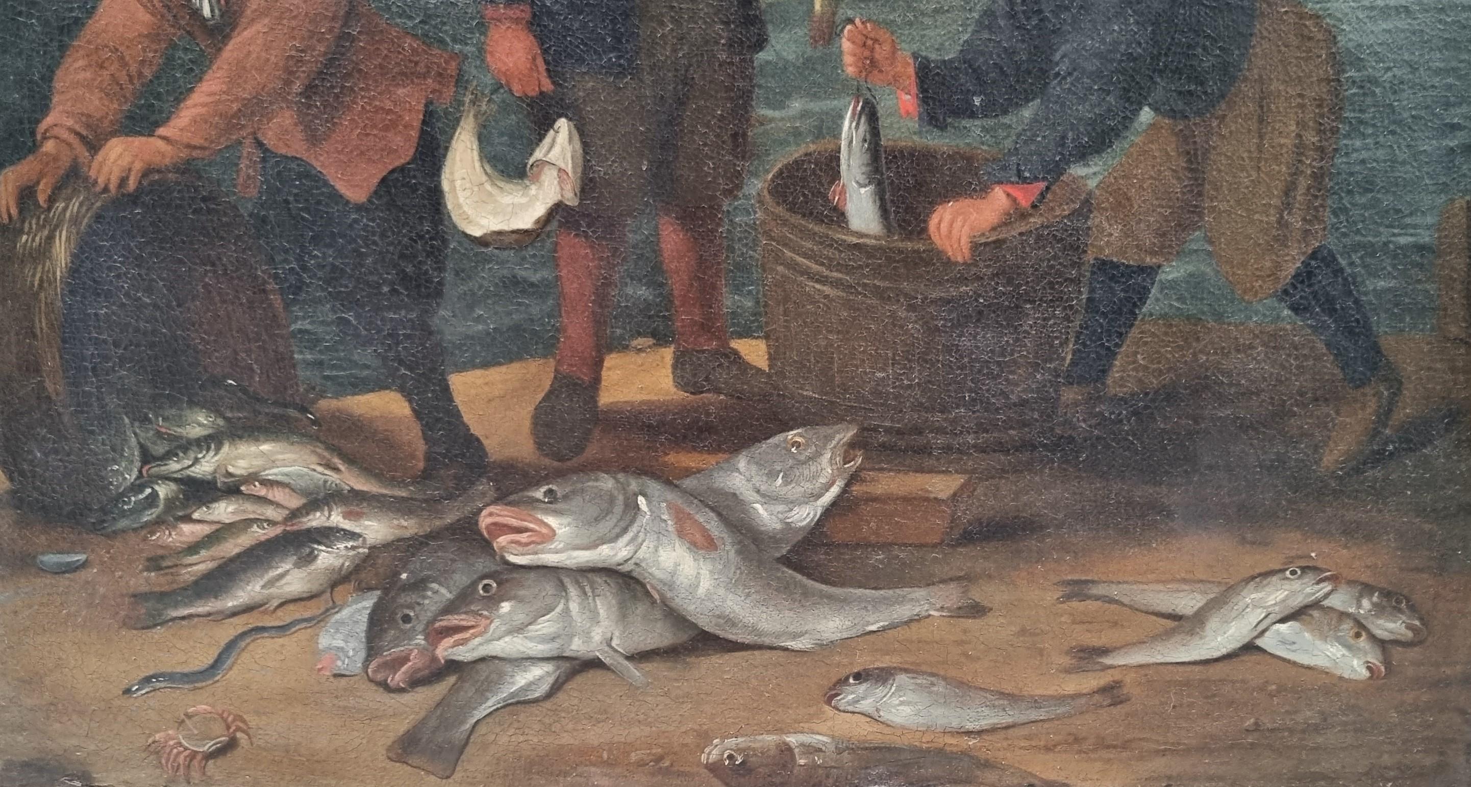 Scuola fiamminga 18° Dopo TENIERS Paesaggio marino Copia antica Ritorno di pescatori in vendita 3