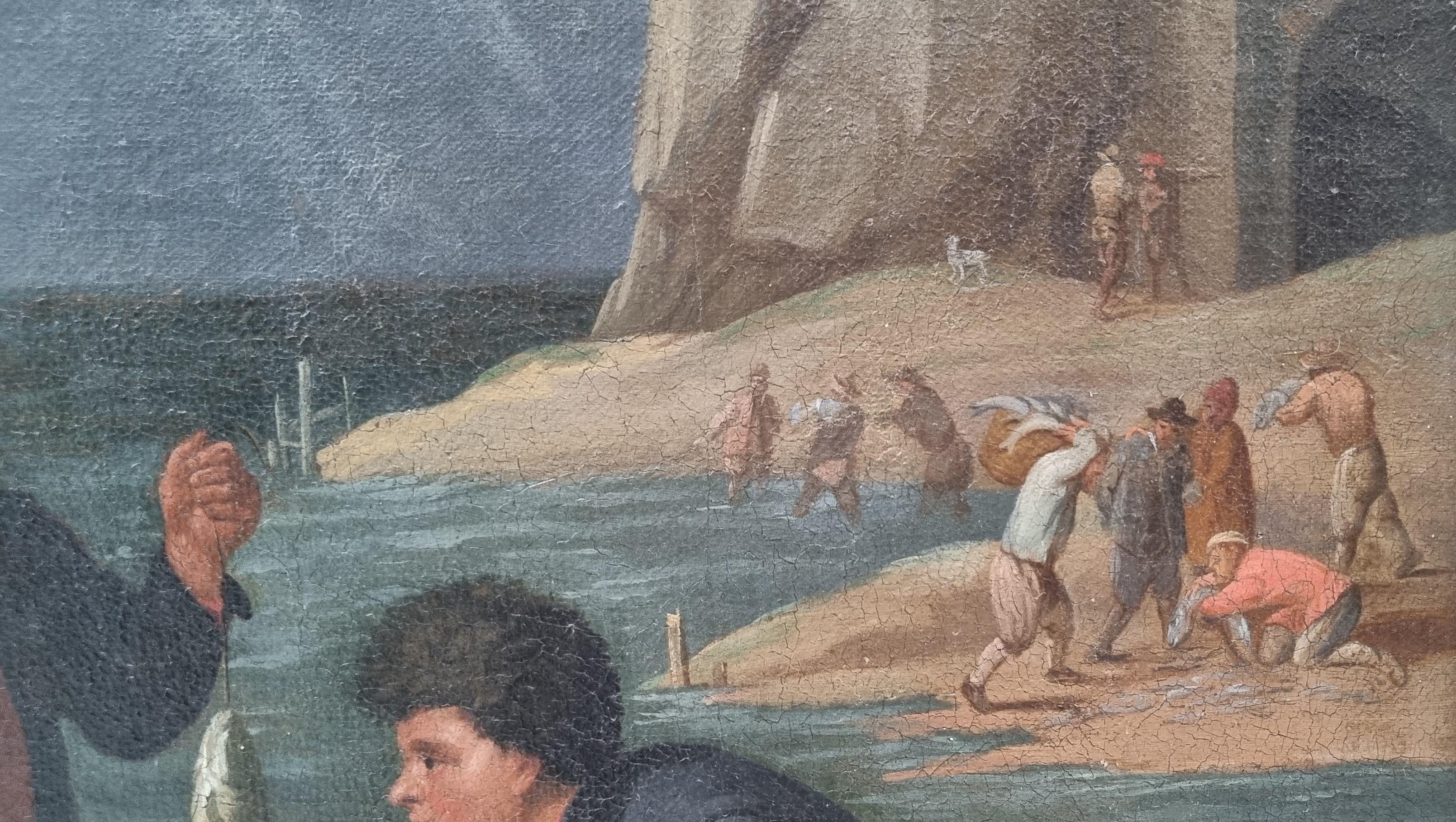 Scuola fiamminga 18° Dopo TENIERS Paesaggio marino Copia antica Ritorno di pescatori in vendita 4
