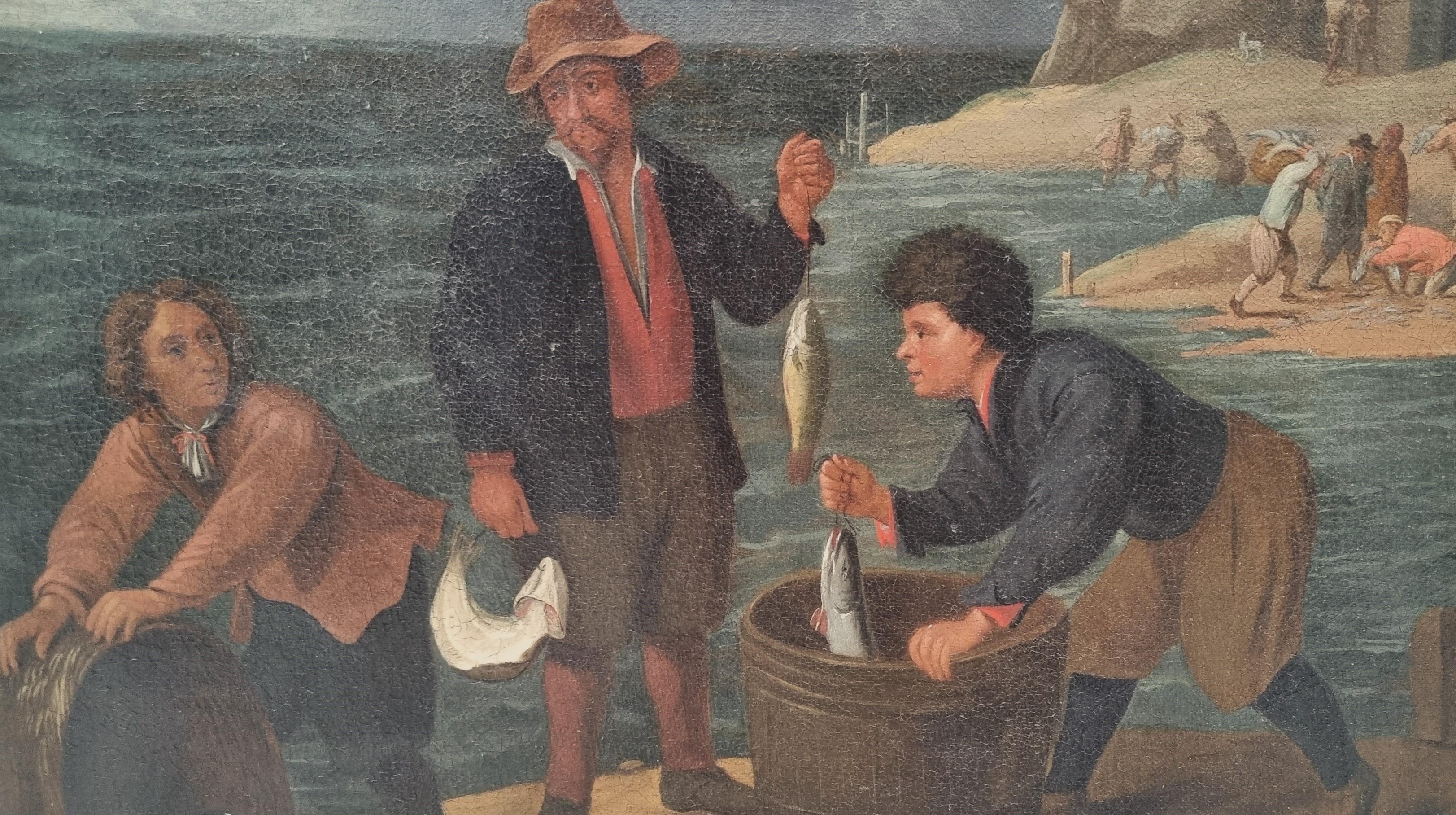 Scuola fiamminga 18° Dopo TENIERS Paesaggio marino Copia antica Ritorno di pescatori in vendita 5
