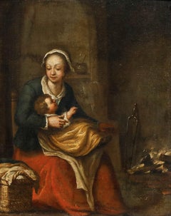 École flamande, XVIIIe siècle, huile sur toile - L'idylle domestique