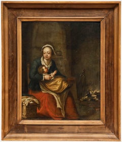 École flamande, XVIIIe siècle, huile sur toile - L'idylle domestique